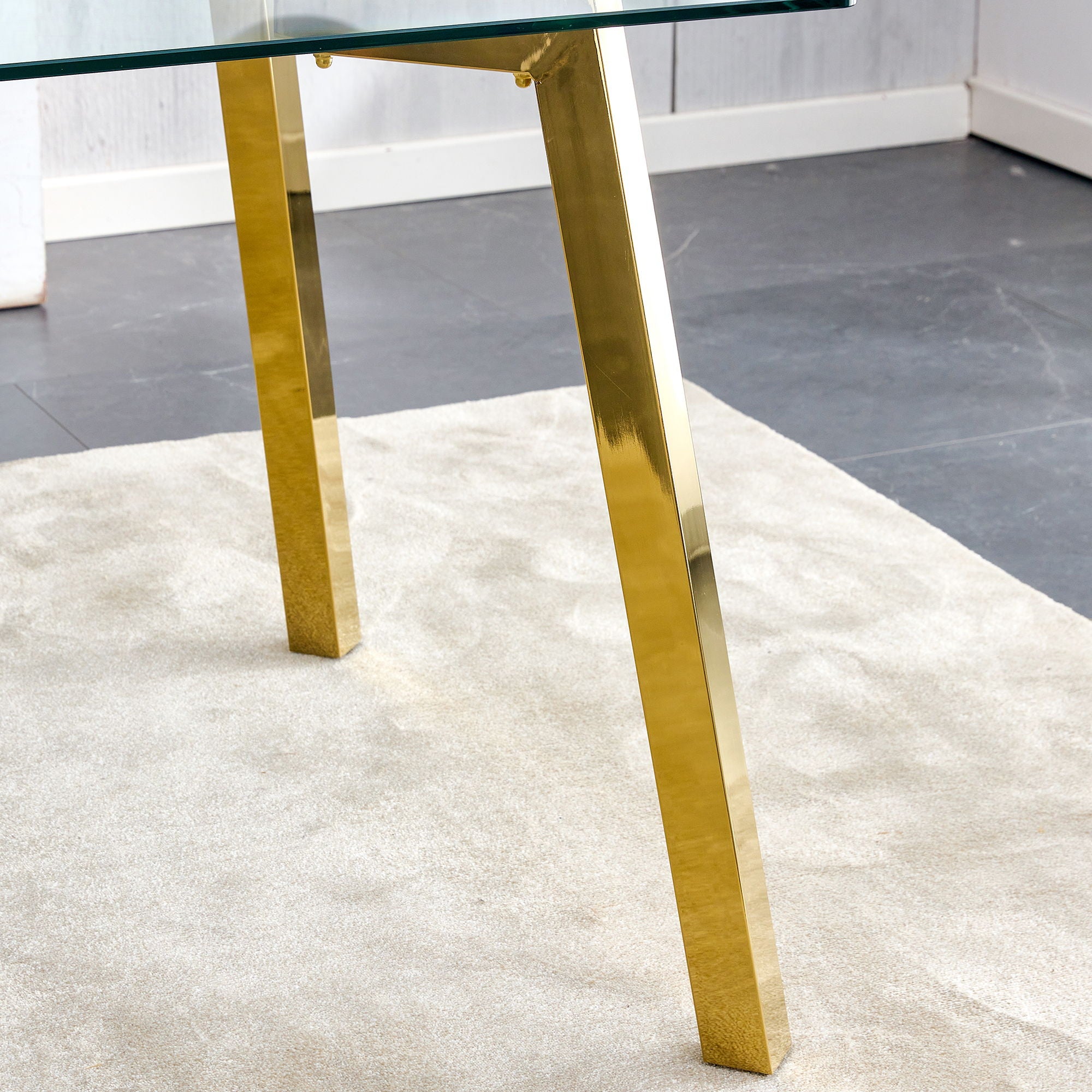 Minimalist Rectangular Dining Table With Transparent Glass Top And Metal Legs