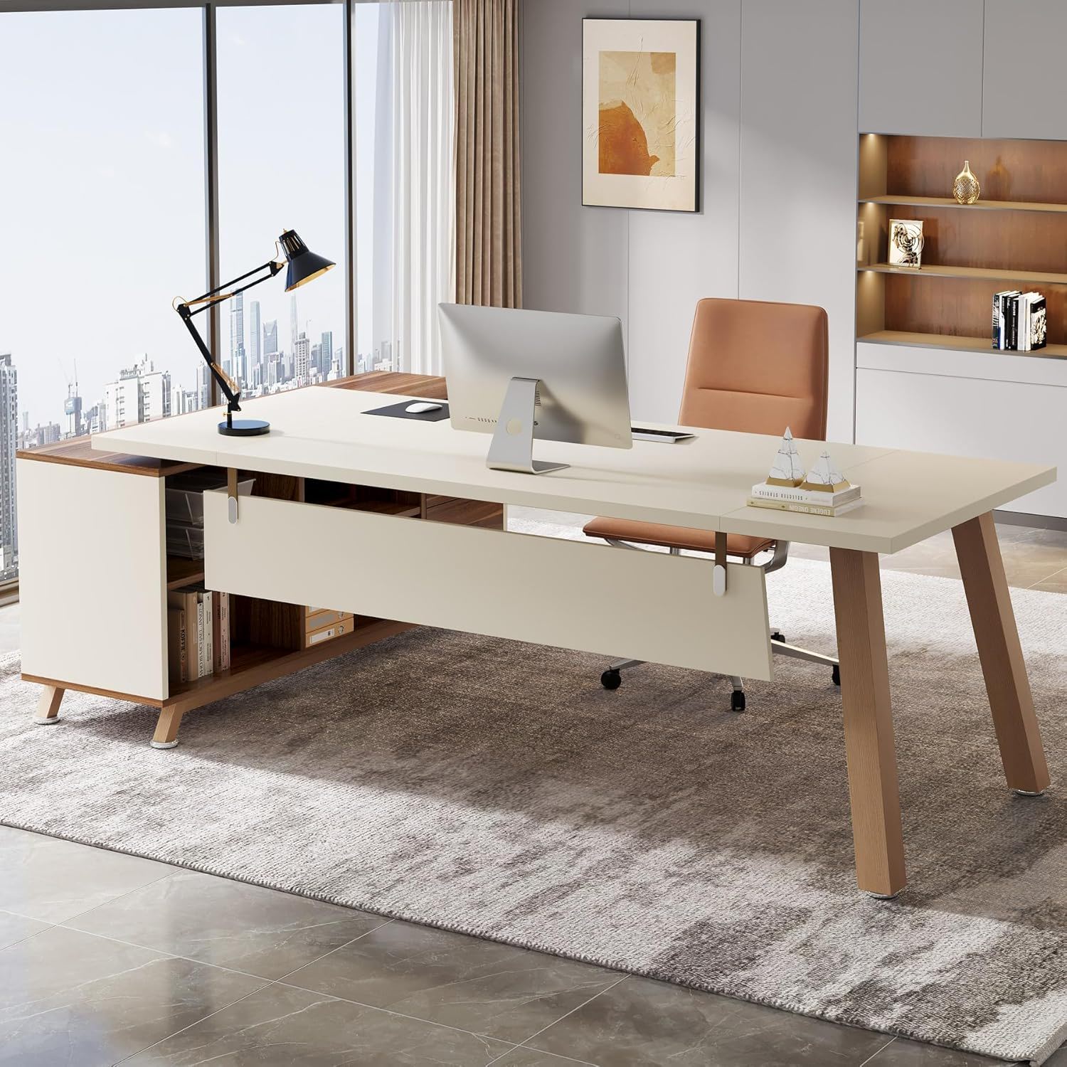 L-Shaped Executive Desk With File Cabinet, Computer Workstation With Drawers And Shelves For Home Office - White / Walnut
