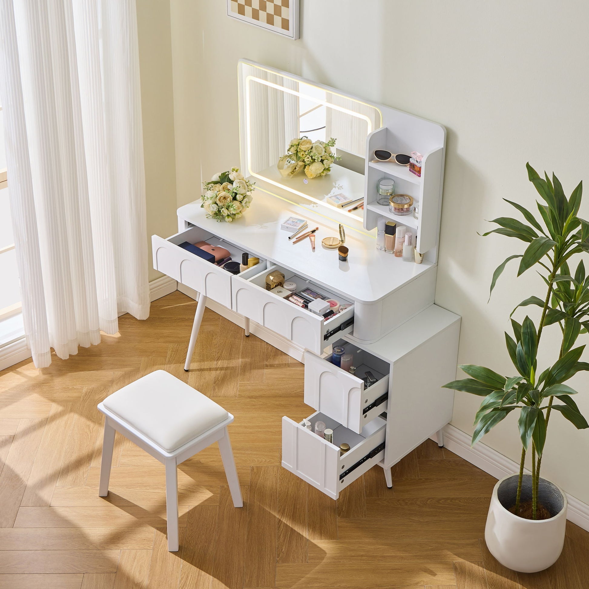 Modern Makeup Vanity Desk With LED Lights & Mirror 4 Drawer Dressing Table Set Space Saving For Bedroom - White - Best Buy Furniture