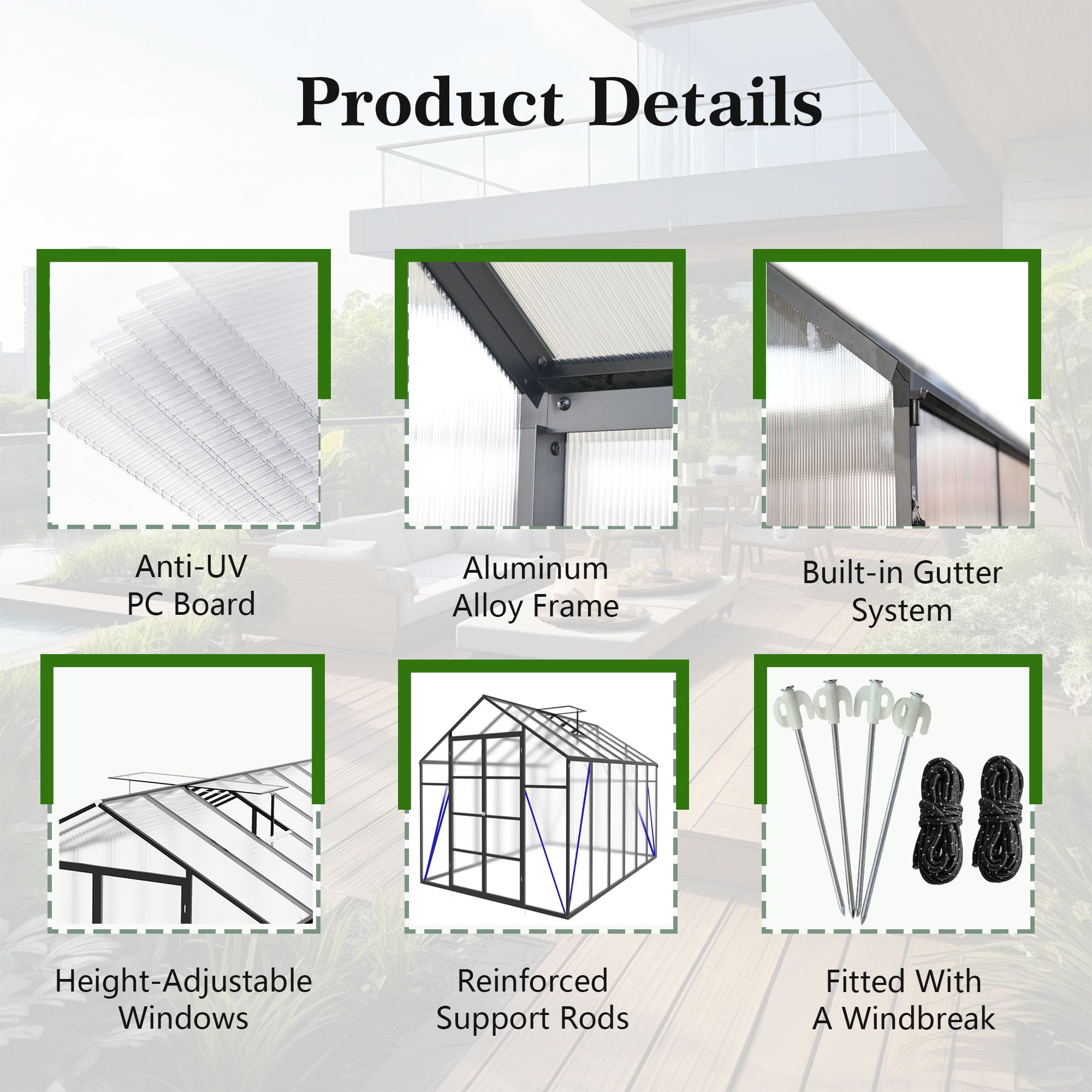 Gain Height Windproof Aluminum Greenhouse With Raised Base