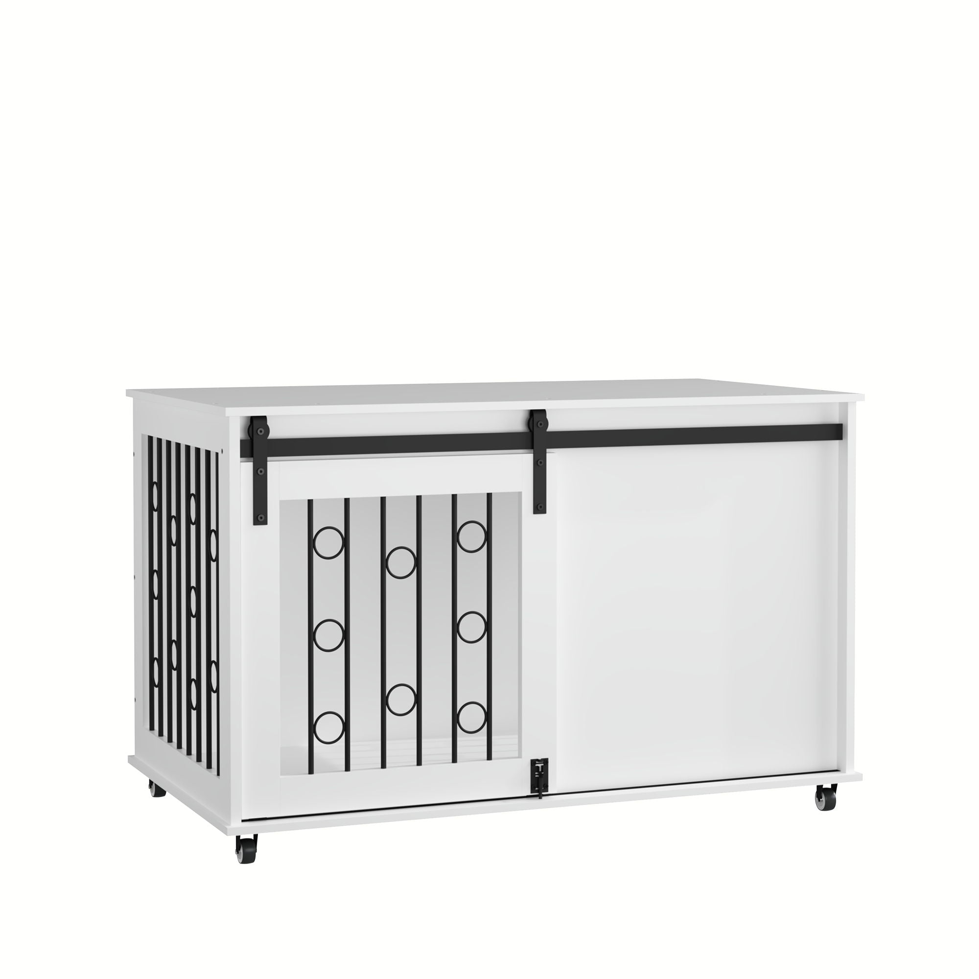 Dog Crate With Sliding Barn Door And Side Access, Lockable Wheels For Small To Medium Dogs - White