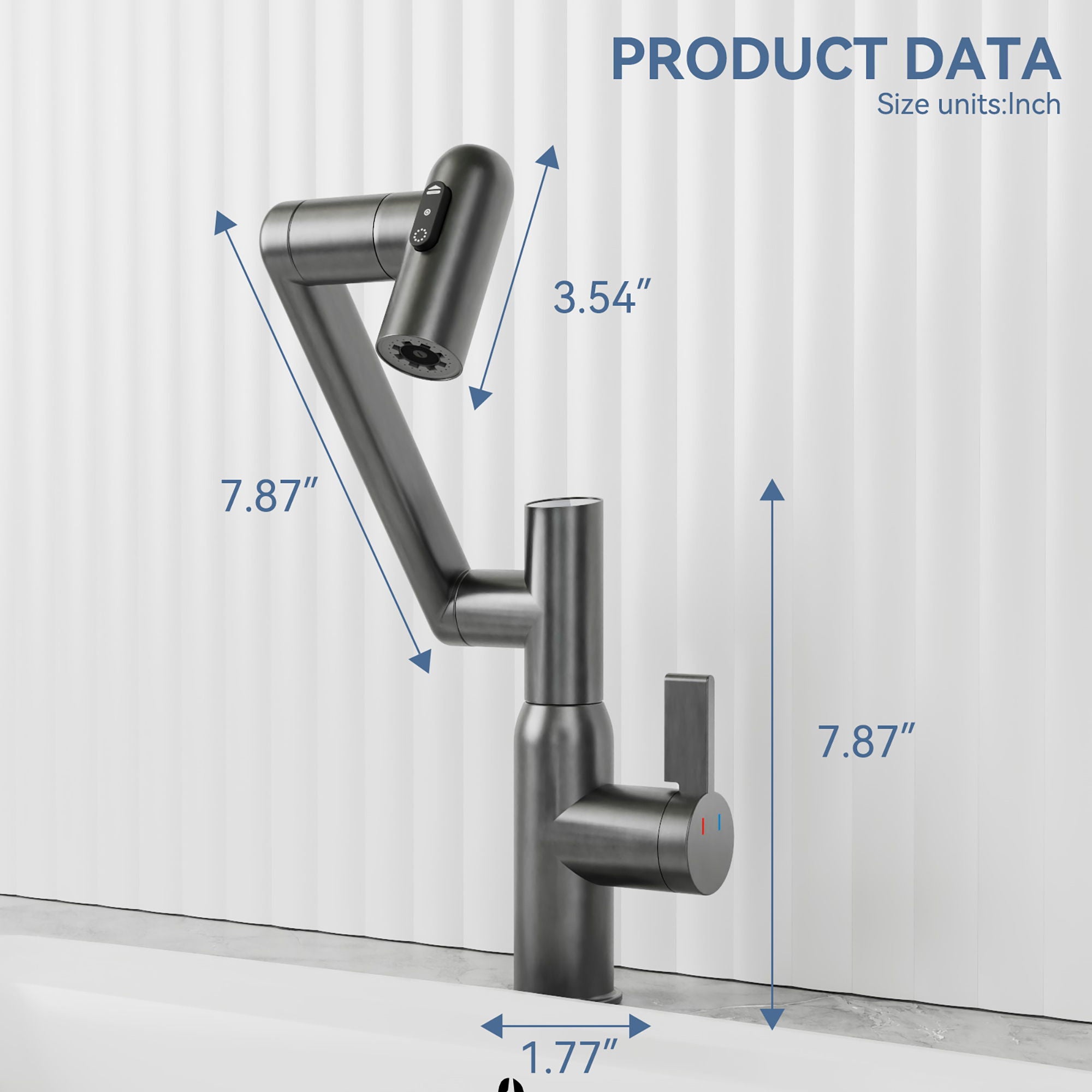 Bathroom Sink Faucet With Spray Function, Temperature Display, Anti Skid Switch, Hot & Cold, 360 Degree Rotary, Brass - Gun Gray