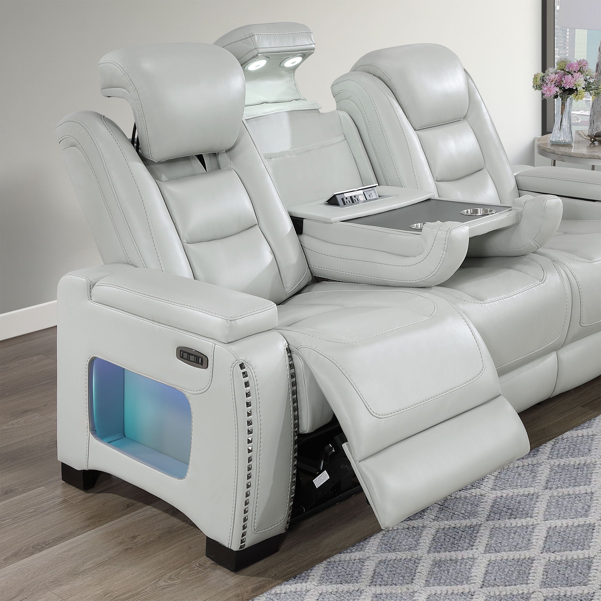Power Sofa With USB LED Headrest, Bookshelf Arms, And Storage - Grey