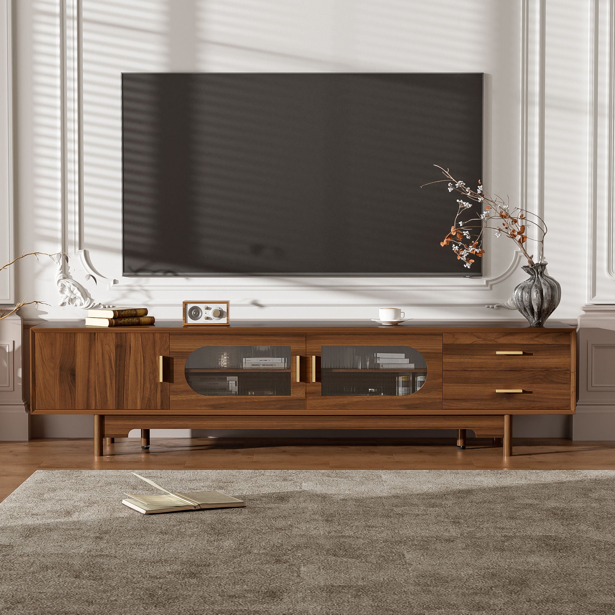 TV Stand With Fluted Doors, 2 Drawers - Walnut