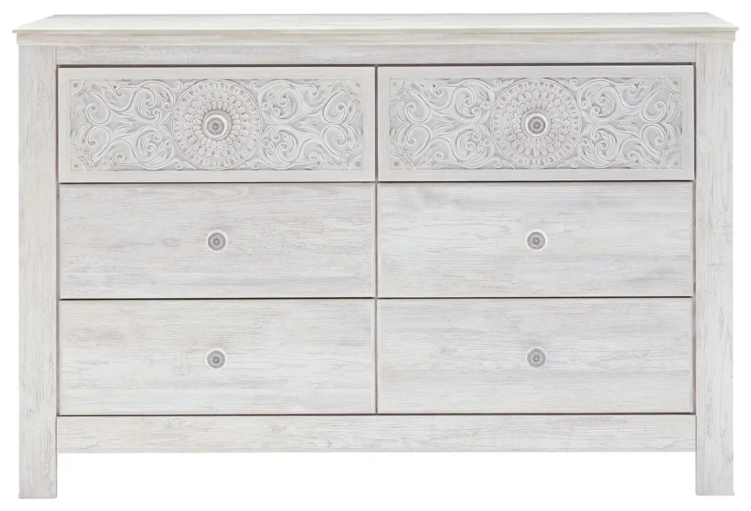 Paxberry - Six Drawer Dresser - Medallion Drawer Pulls - Whitewash