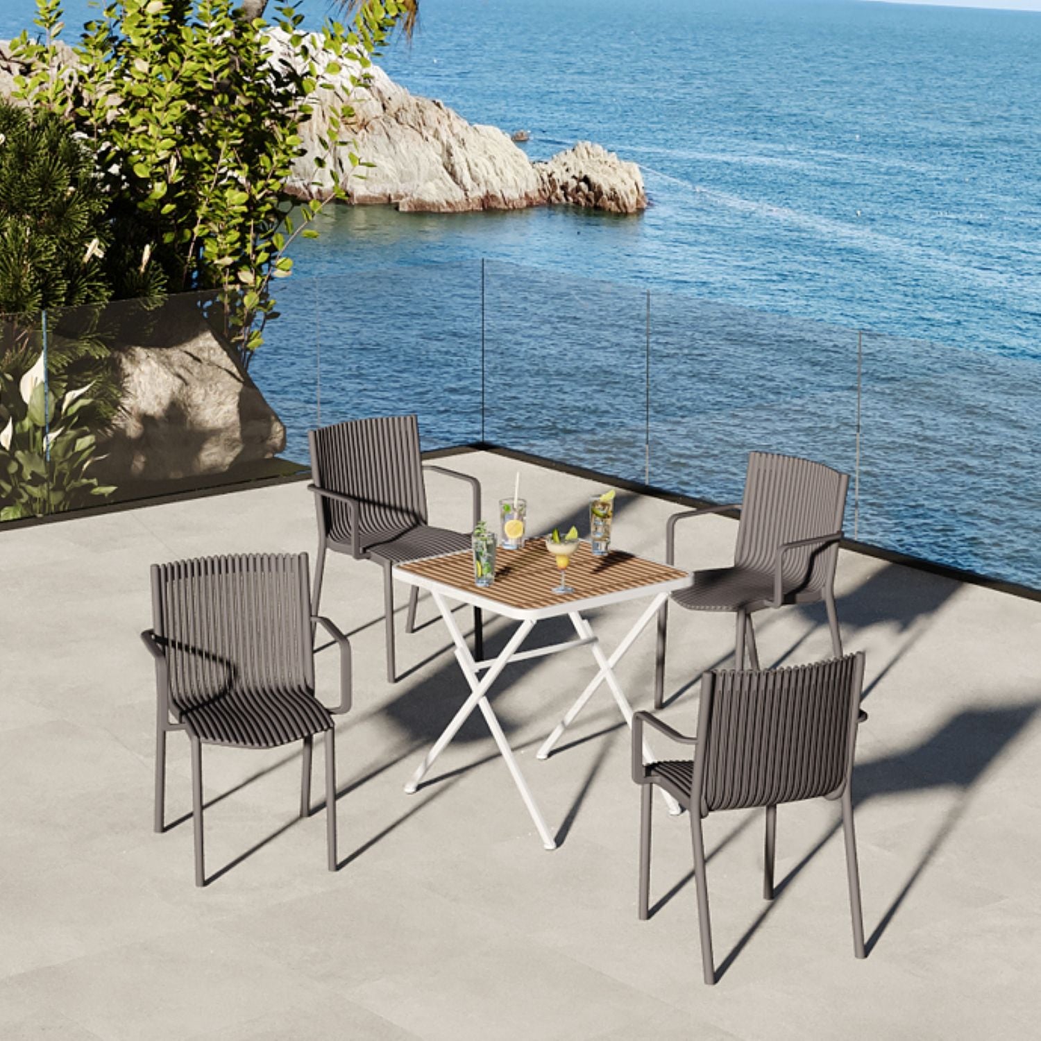 4 Modern Stackable Plastic Armchair Matched With Folding Square Table