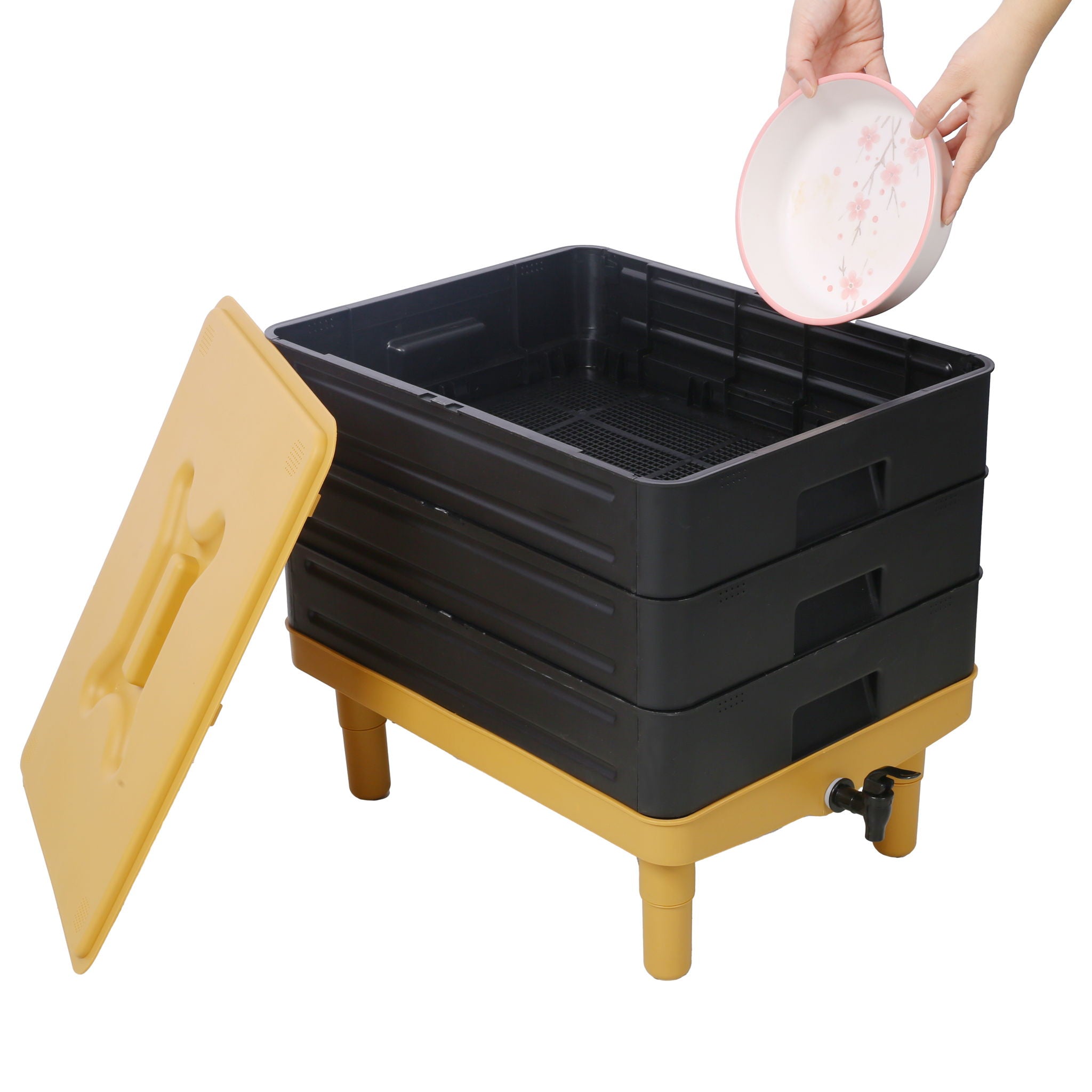 Durable 3 Tray Worm Farm Kit For Efficient Vermicomposting, 65L Capacity - Yellow / Black