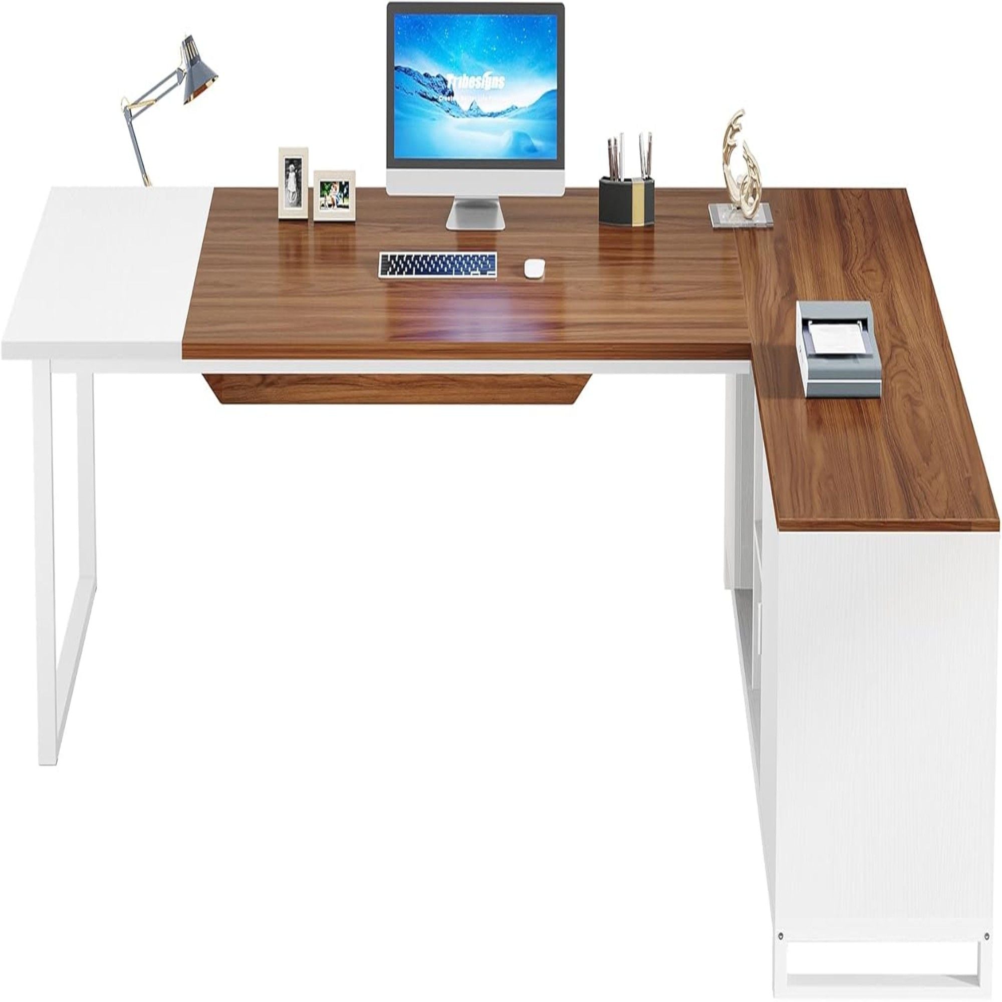 L-Shaped Executive Desk With File Cabinet, Large Workspace For Home Office - White / Walnut