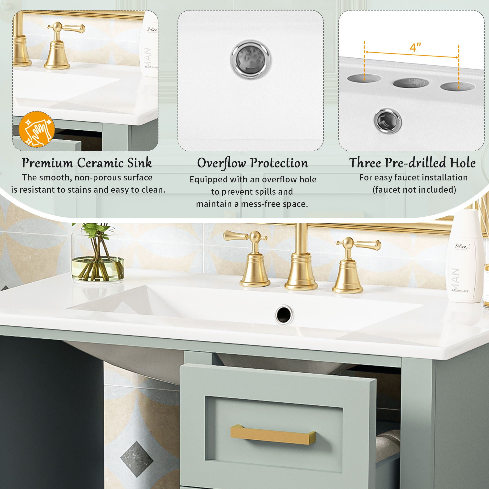 Bathroom Vanity, Modern Bathroom Cabinet With Sink Combo Set, Bathroom Storage Cabinet With A Soft Closing Door And 3 Drawers, Solid Wood Frame