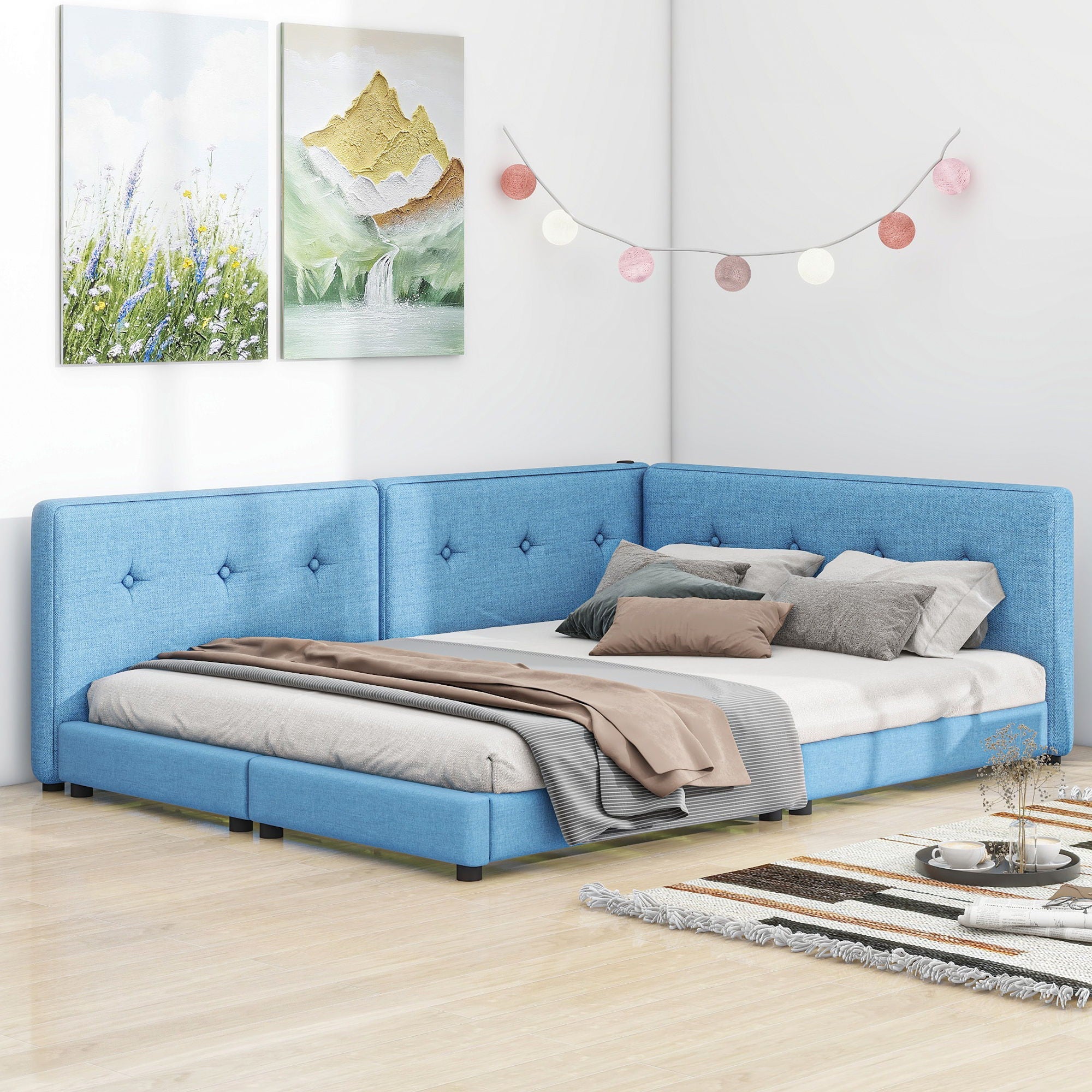 Modern Upholstered Platform Bed With USB Ports And LED Belt