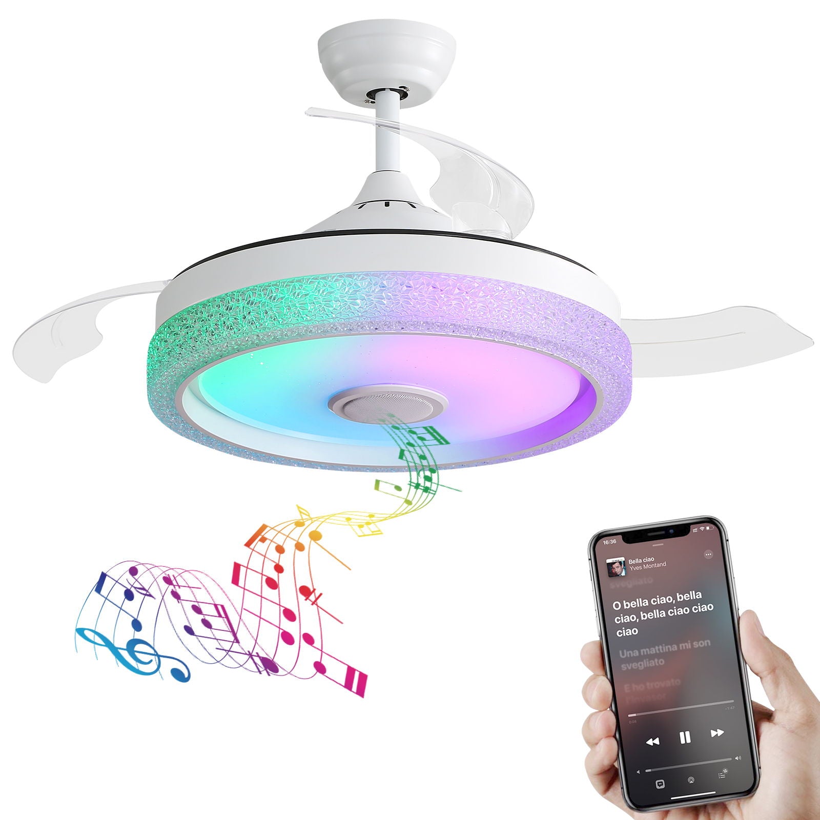 Invisible Ceiling Fan With Remote Control And 36W LED Light, 120V DC Motor, 3 Blades - White