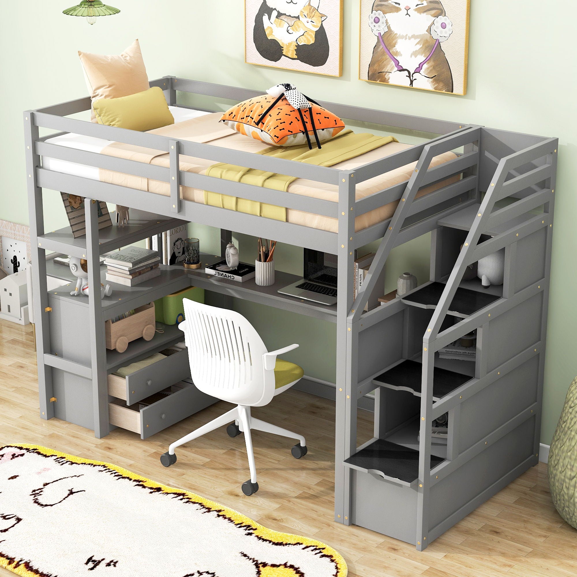 Loft Bed With Desk, Shelves, 2 Drawers, Storage Staircase