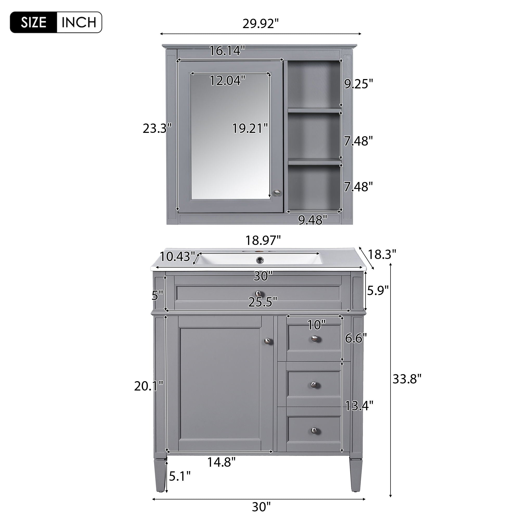 Bathroom Vanity With Top Sink, Freestanding Storage Cabinet With 2 Doors And 3 Drawers, Mirror Cabinet Included - Gray