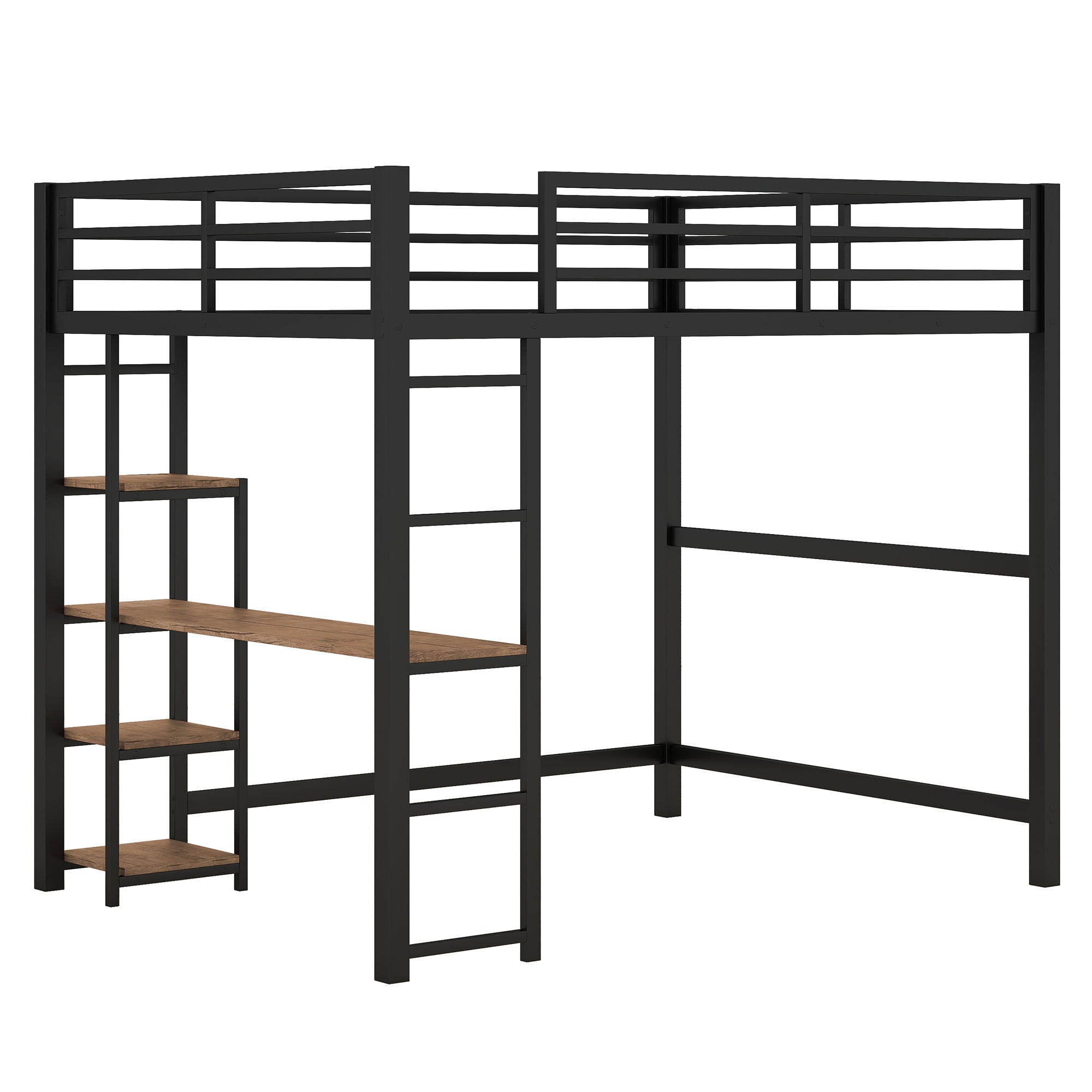 Loft Bed With Built In Desk And Storage Shelves, Full Size - Black