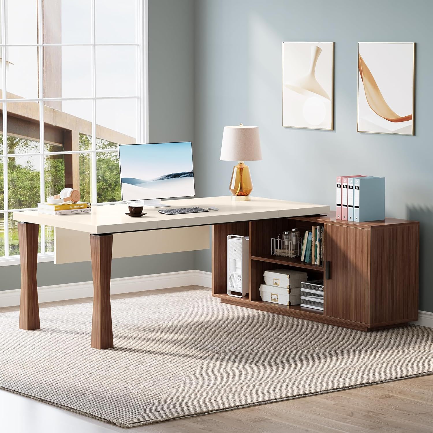 L-Shaped Executive Desk With Storage Cabinet, Home Office Workstation With Shelves - White / Walnut