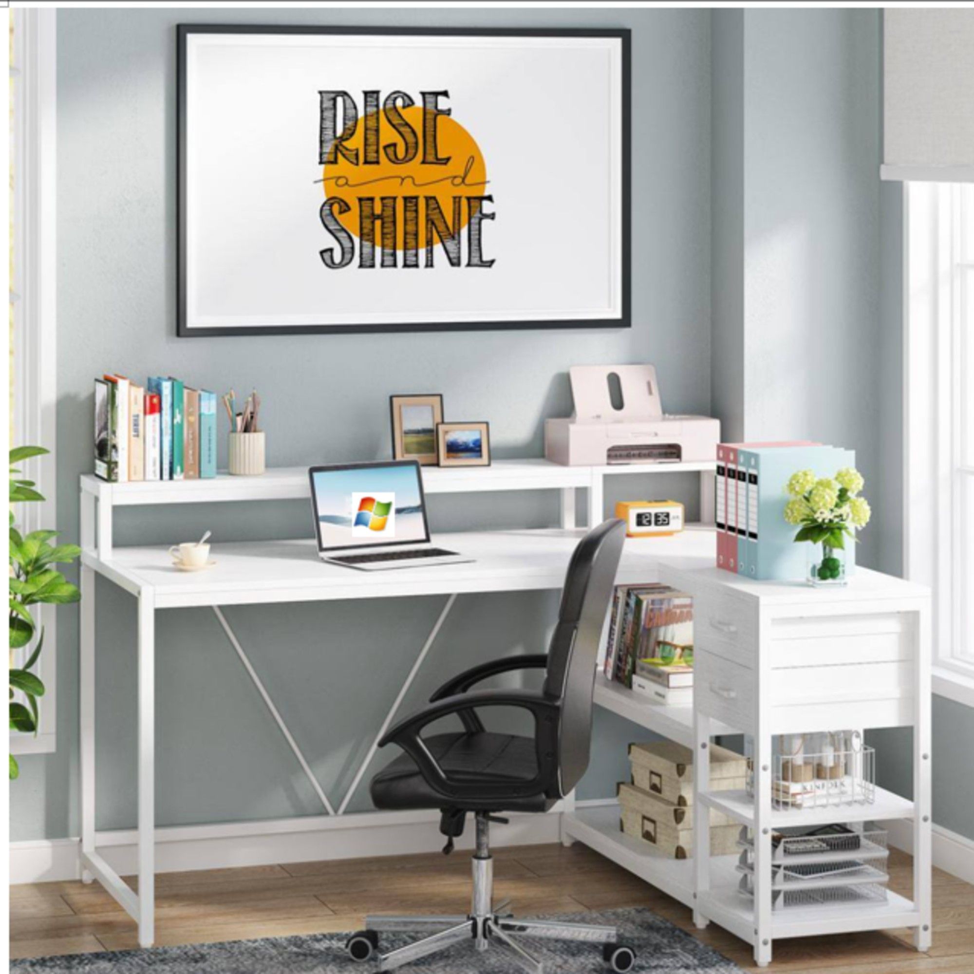 L-Shaped Home Office Desk With Monitor Riser, Drawers, And Storage Shelves