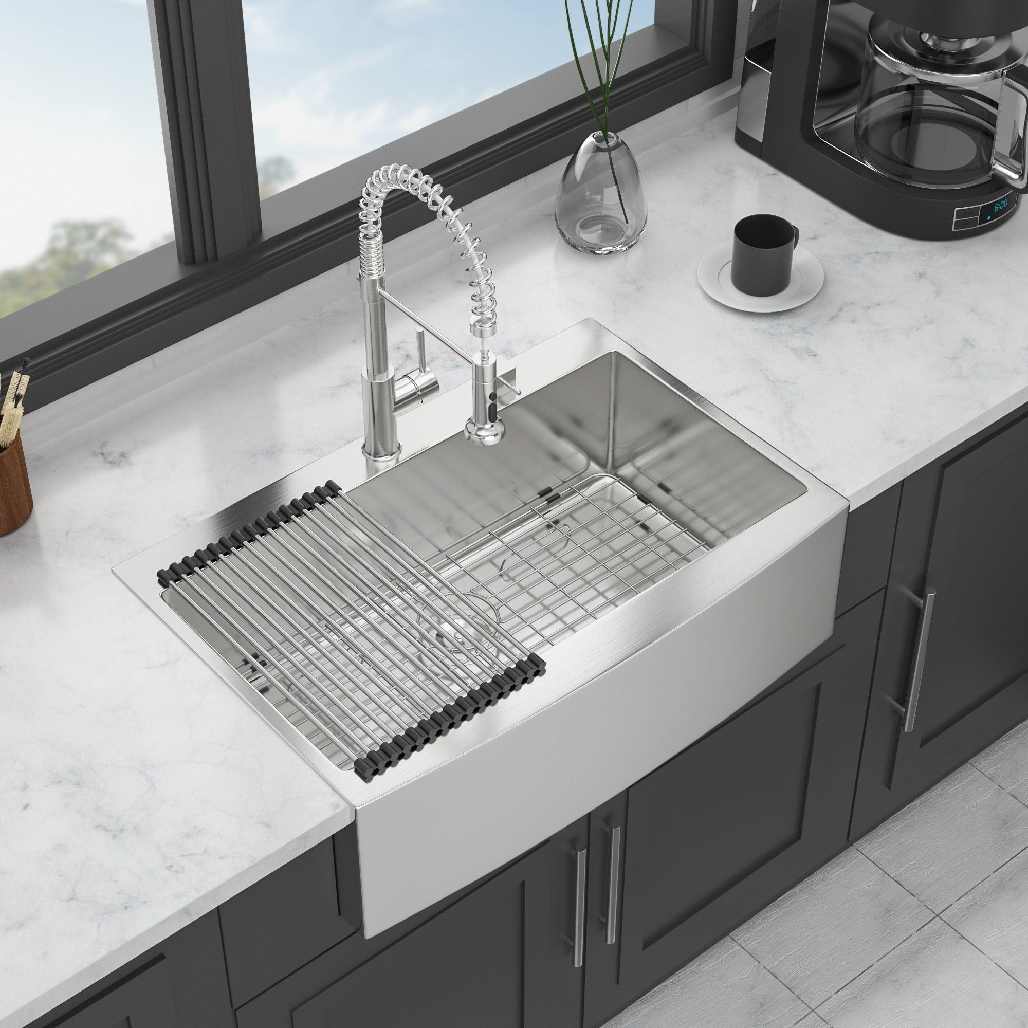 Farmhouse Style Topmount Apron Front Kitchen Sink With Easy Maintenance In Stainless Steel - Black