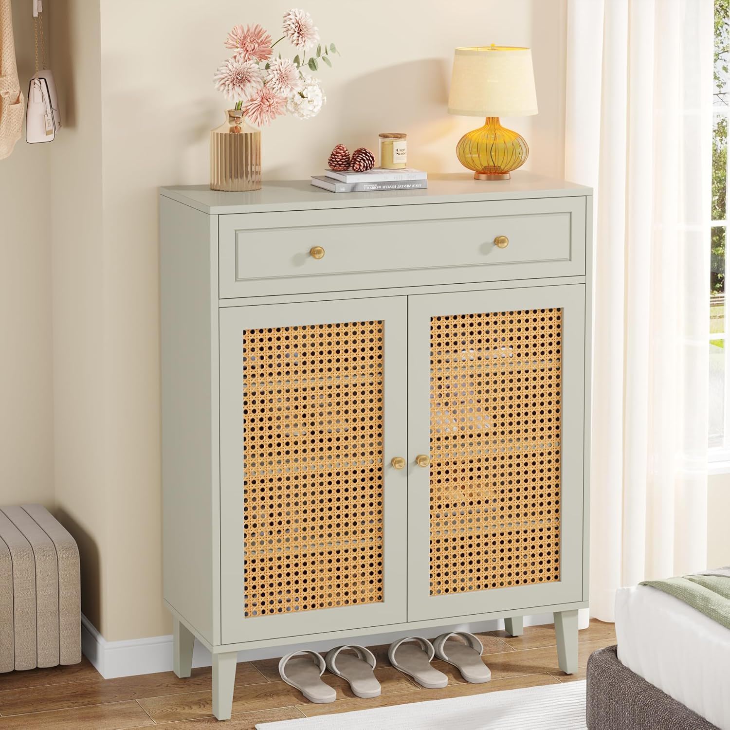Shoe Cabinet With Rattan Doors And Drawer, 4 Tier Storage Organizer - Mint Green