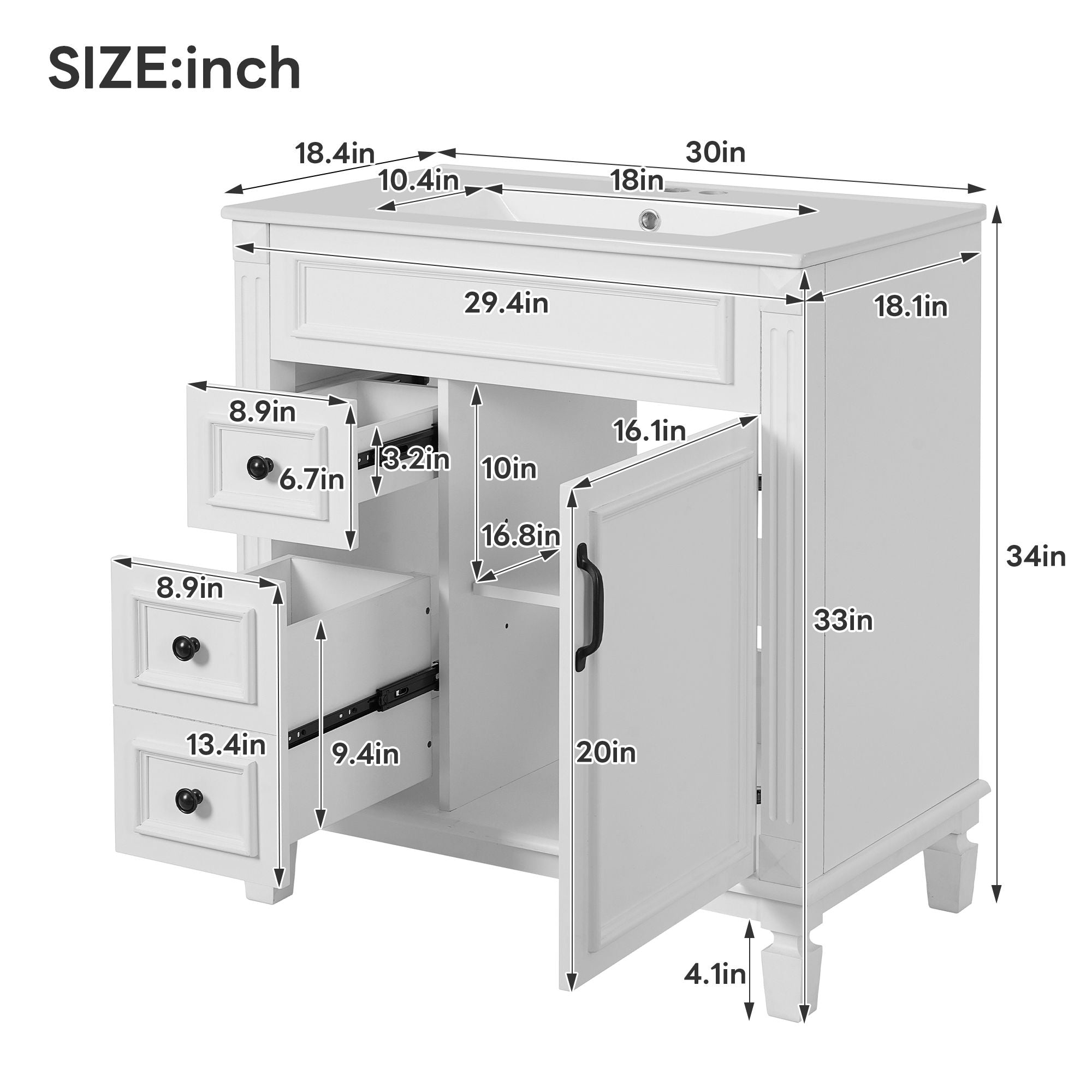 Bathroom Vanity With Sink, Cabinet With 2 Drawers And Adjustable Shelf
