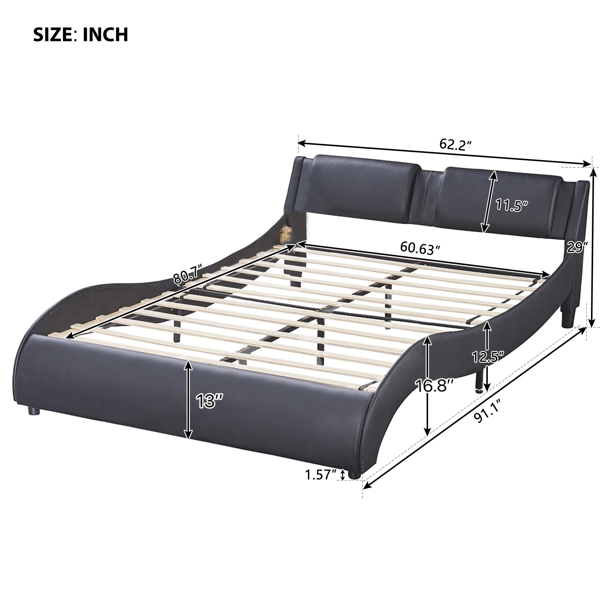 Upholstered Platform Bed With LED Light, Frame Slatted