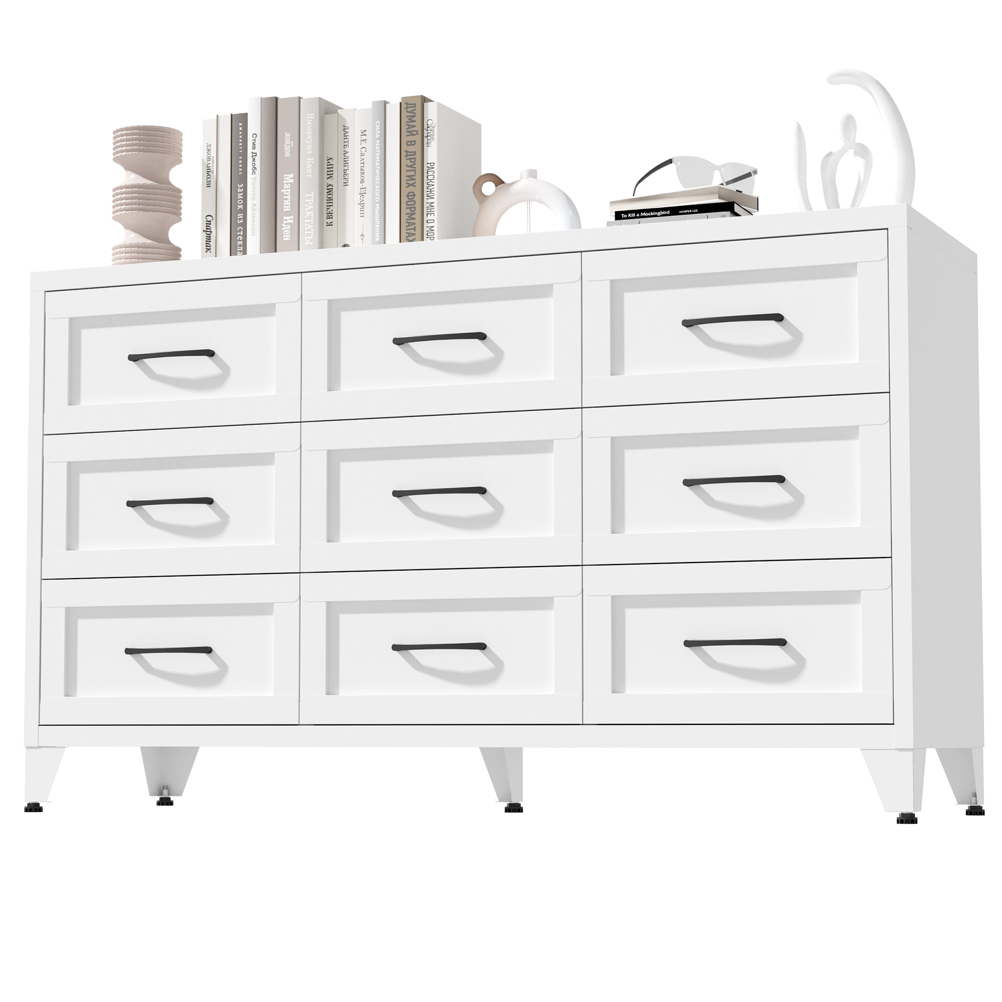 9 Drawer Dresser for Bedroom, Metal Profile Chest of Drawers, White Bedroom Dresser with Storage Drawers for Closet, Hallway, Entryway, Steel Furniture with Quiet-Glide Rails, Easy-Clean & Scratch
