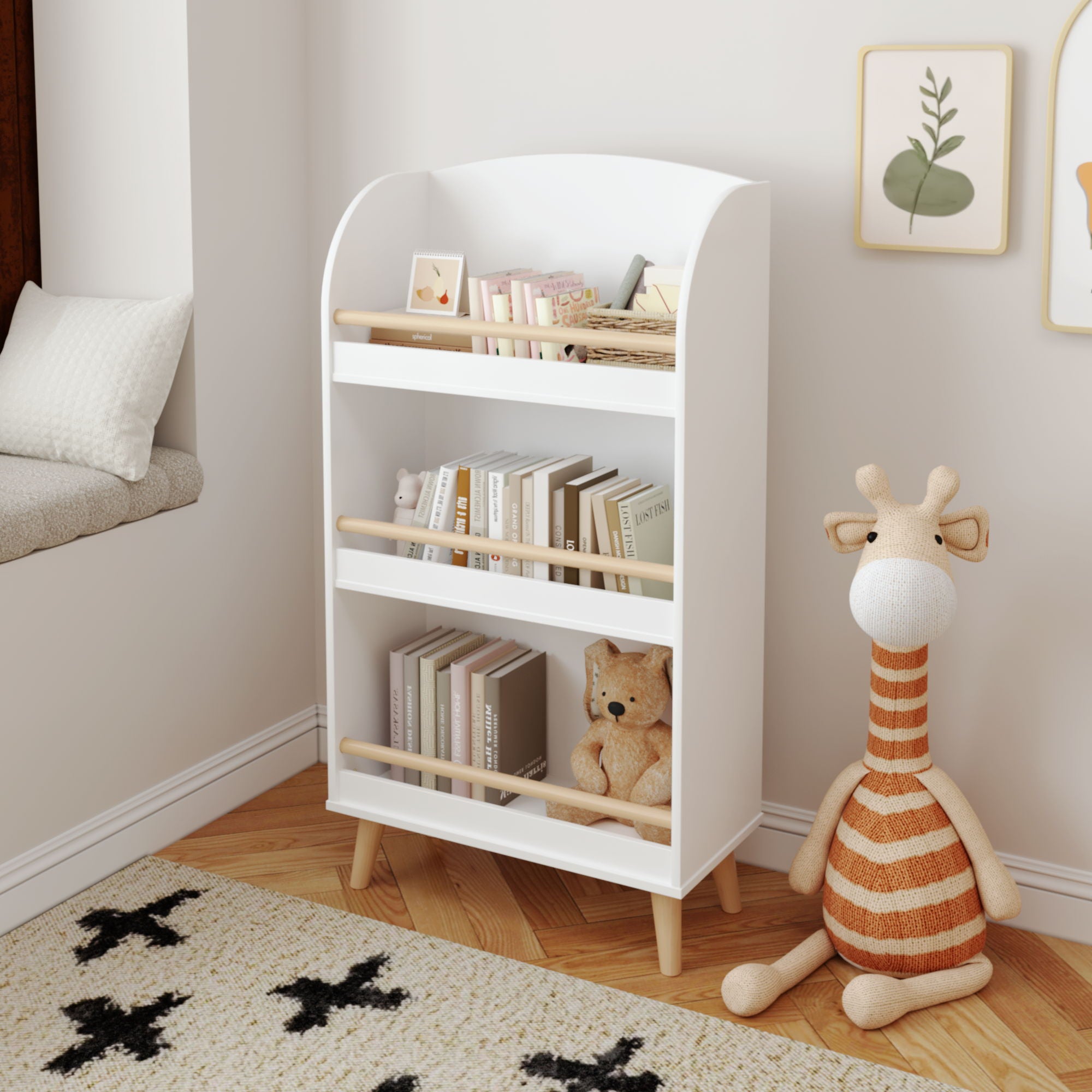 Bookshelf 3 Tier Book Organizer With Toy Storage - White