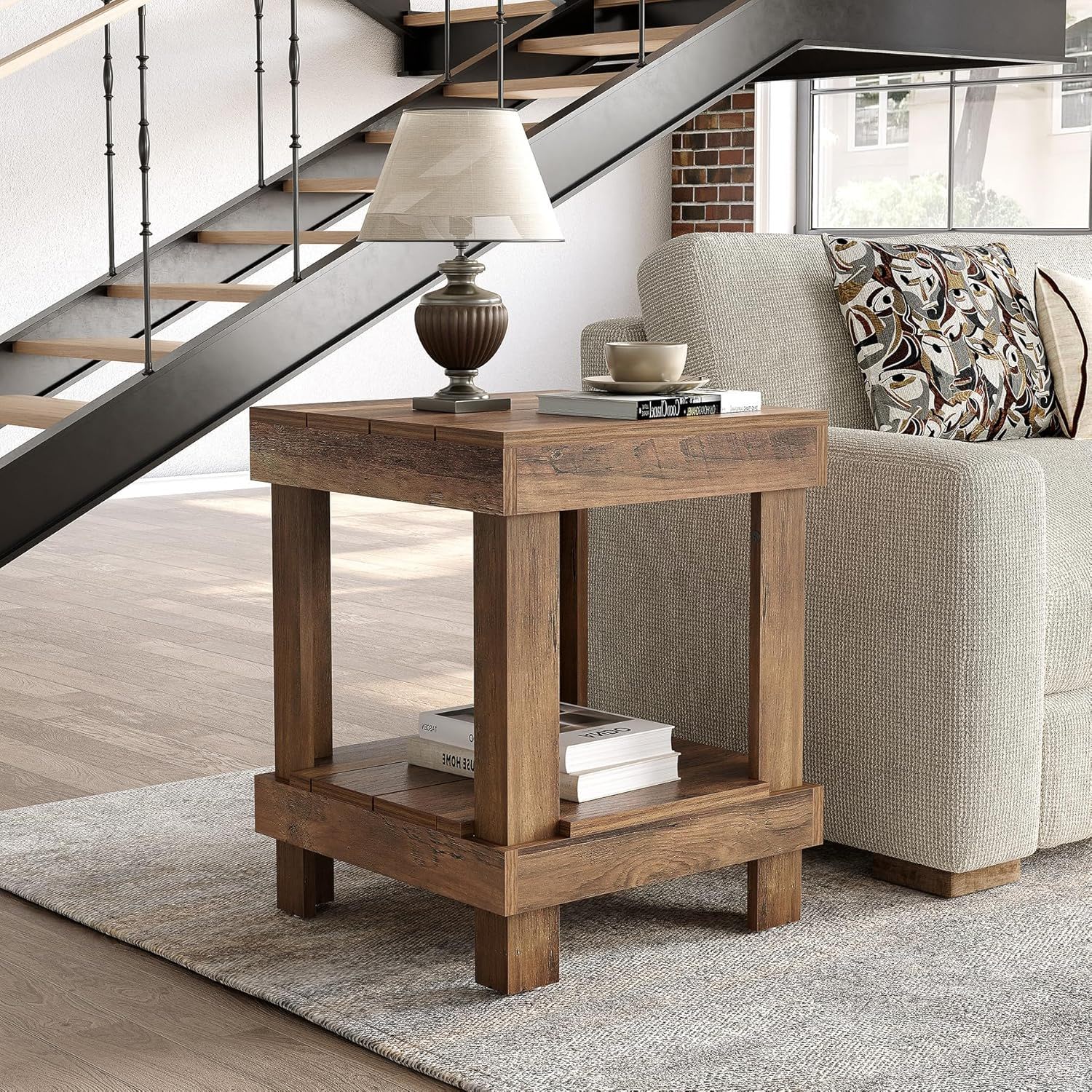 2 Tier End Table With Open Shelves, Compact Square Side Table For Living Room - Natural Wood