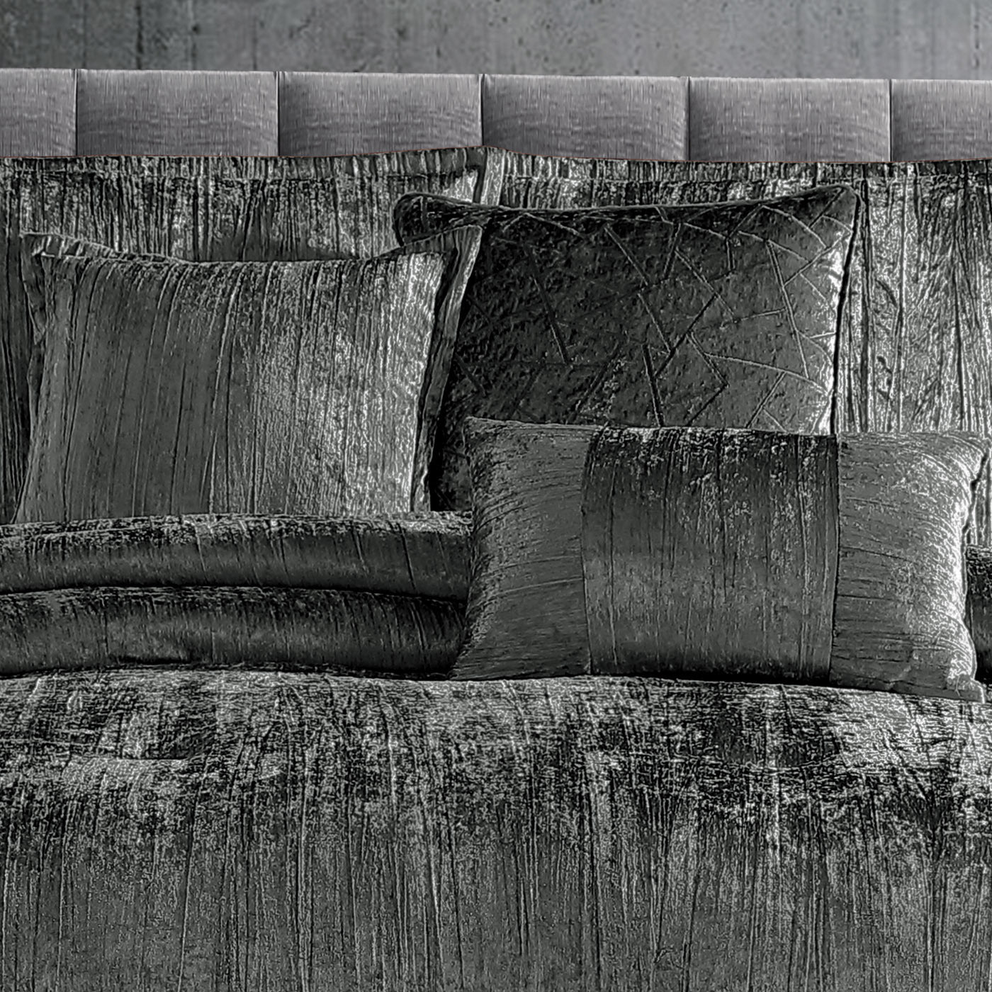 Turin 7 Piece Charcoal Crinkle Velvet Comforter Ensemble