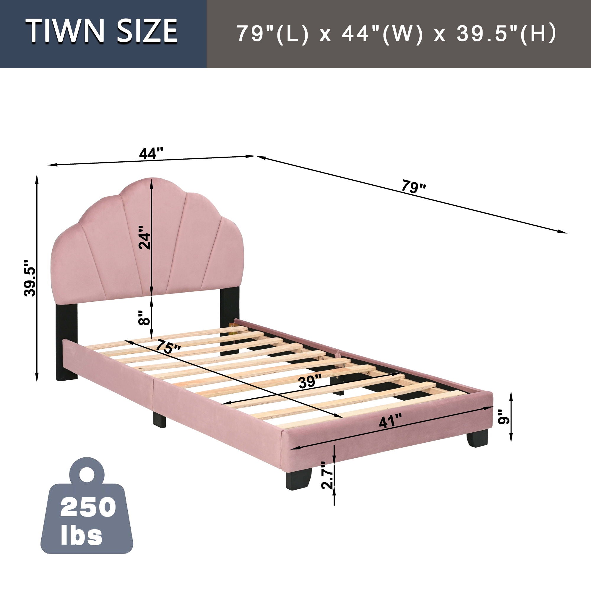 Upholstered Twin Size Platform Bed For Kids Wooden Bed Frame With Slatted Bed Base No Box Spring Needed Cute Bed Frame With Shell Design Headboard - Pink