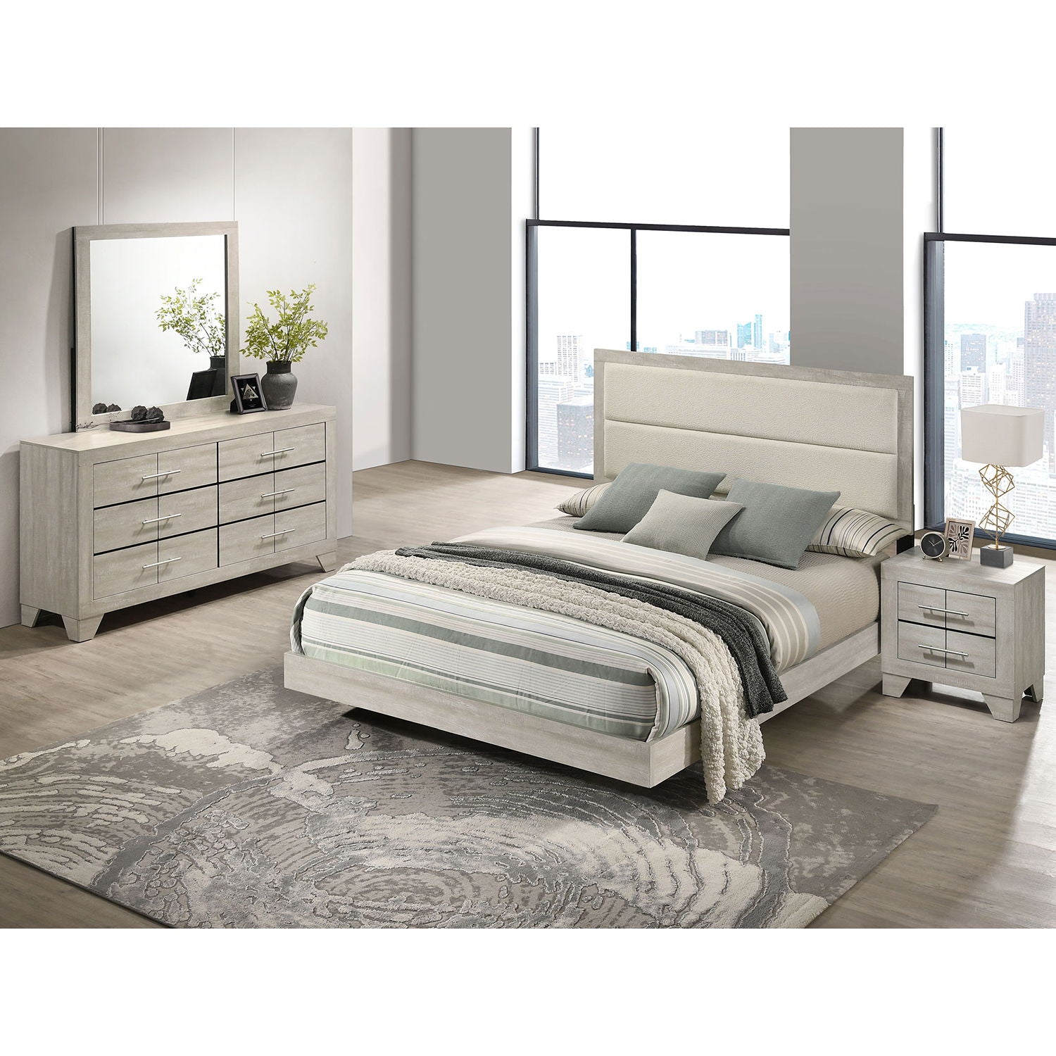 Strout - 4 Piece Queen Bedroom Set With Upholstered Headboard - Rustic
