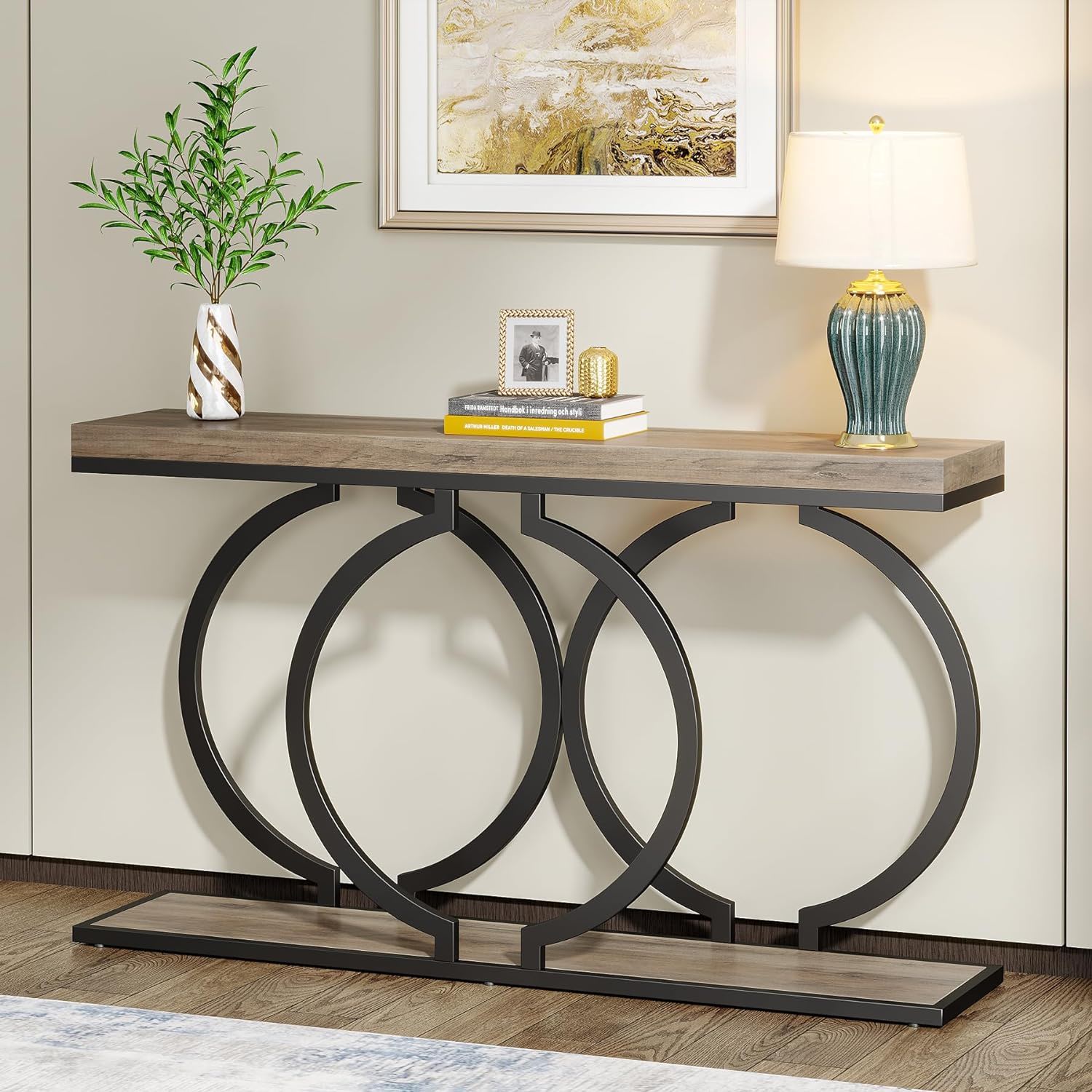 Console Table Narrow Long With Geometric Frame - Gray