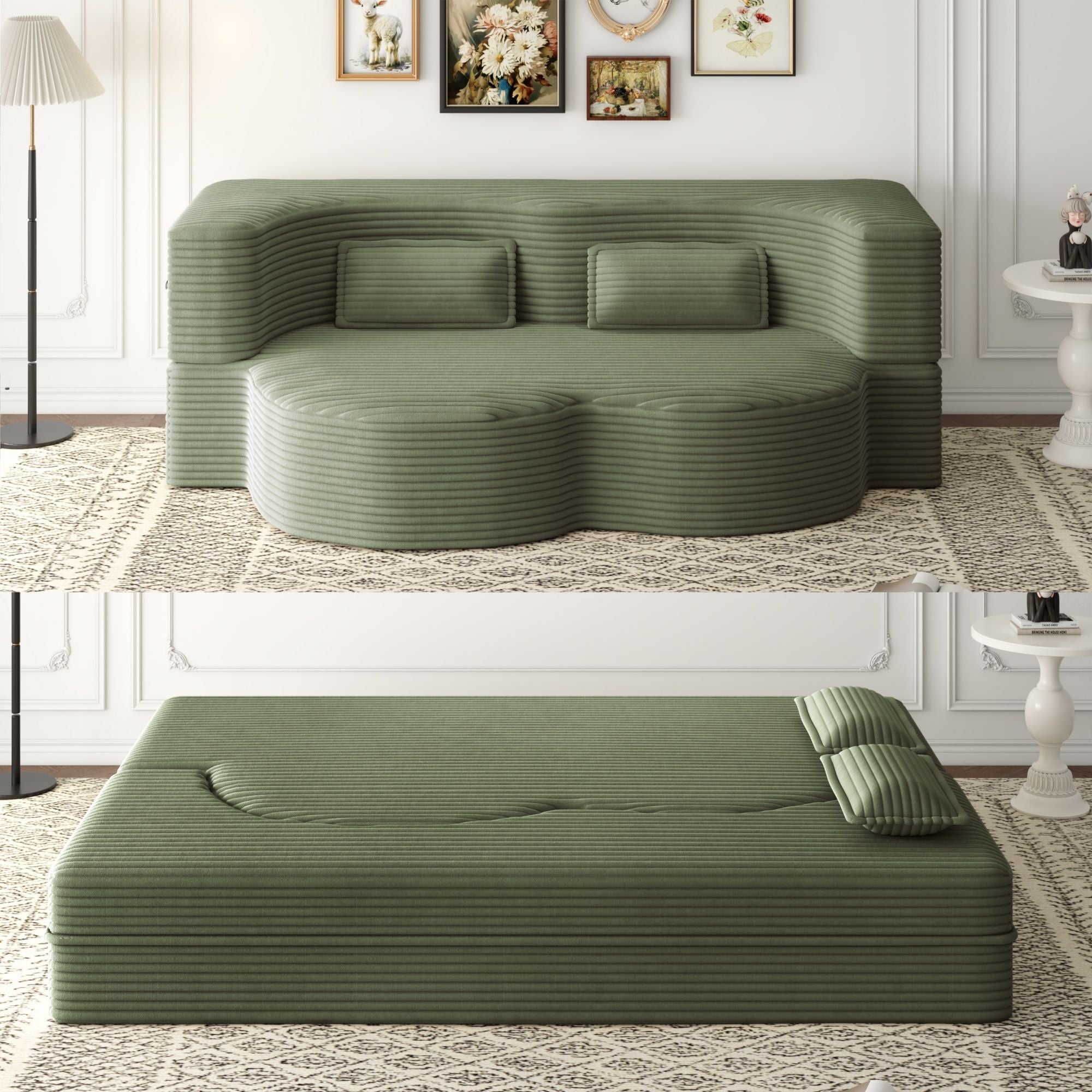 Convertible Plush Corduroy Foam-Filled Sleeper Sofa Bed With 2 Pillows