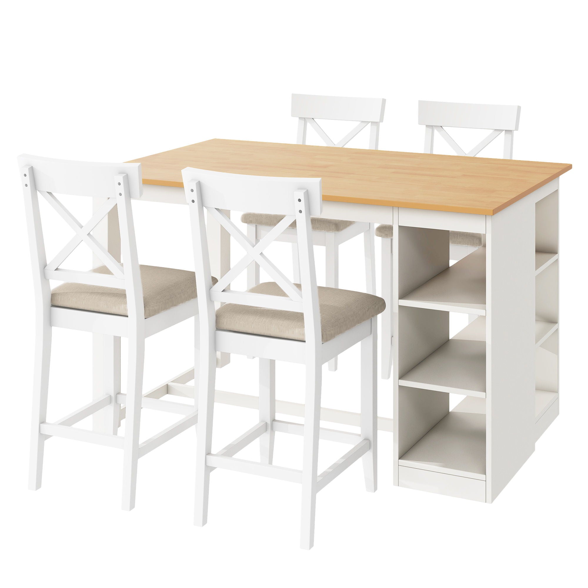 Solid Wood Farmhouse Counter Height Dining Table Set With 3 Tier Storage Shelves