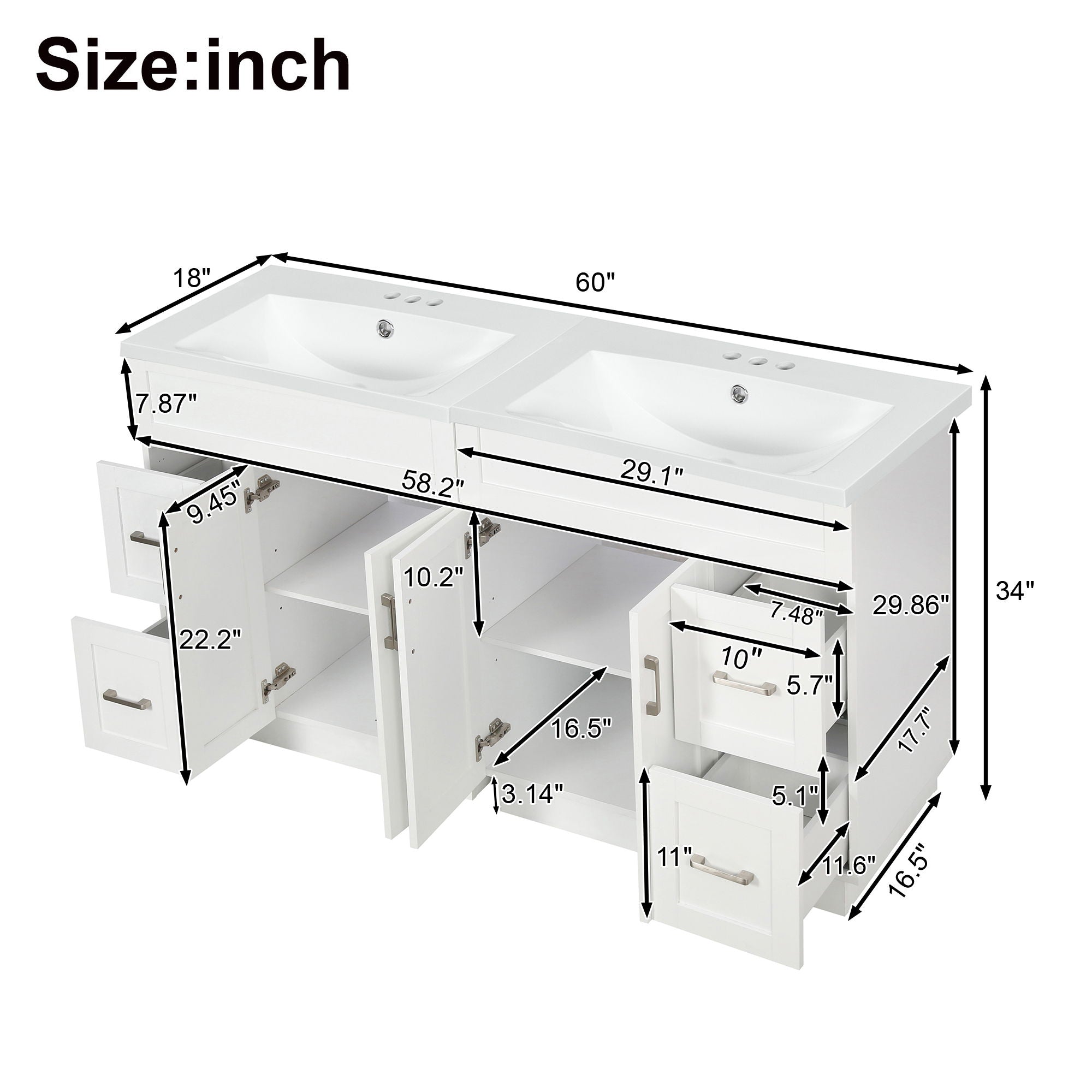 Bathroom Vanity With 4 Cabinet Doors, 4 Drawers, Dual Sinks, Hidden Soft Close Slides And Hinges - White