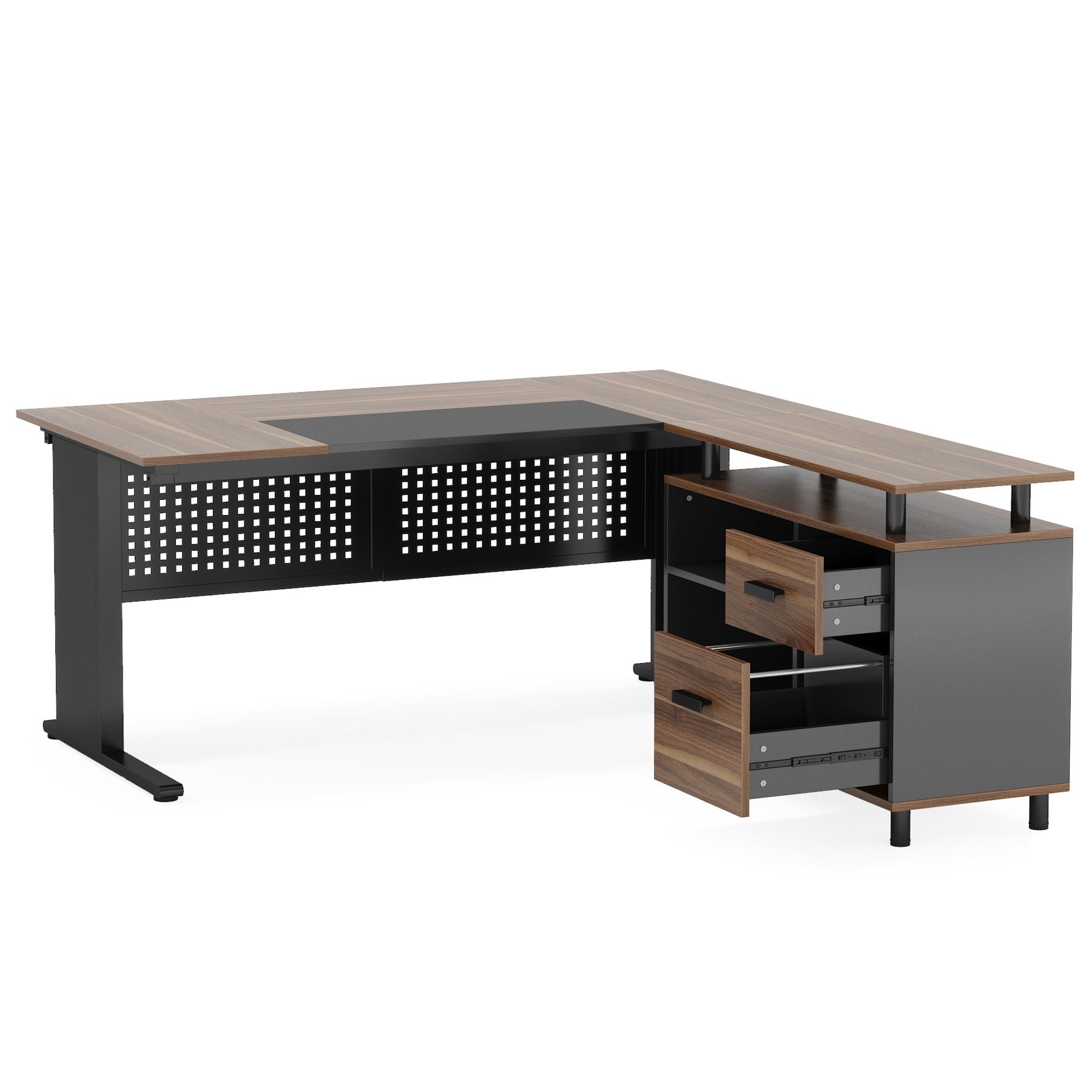 L-Shaped Executive Desk With File Cabinet , Office Workstation With Drawers, Shelves & Storage