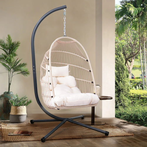 Outdoor Egg Hanging Chair with Stand, Patio Wicker Swing Egg Chair Indoor Swinging Chair Outdoor Hammock