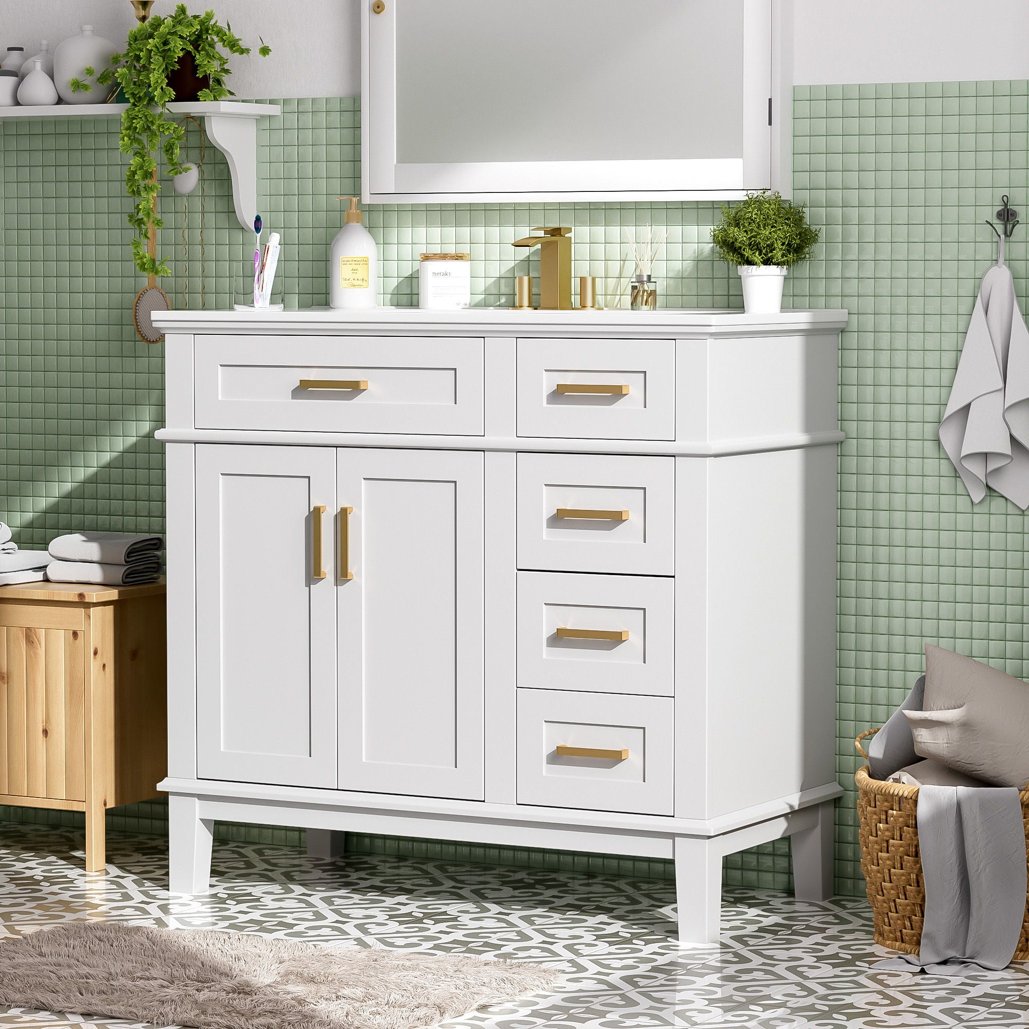 Bathroom Vanity With Sink, Soft Close Doors, 4 Storage Drawers