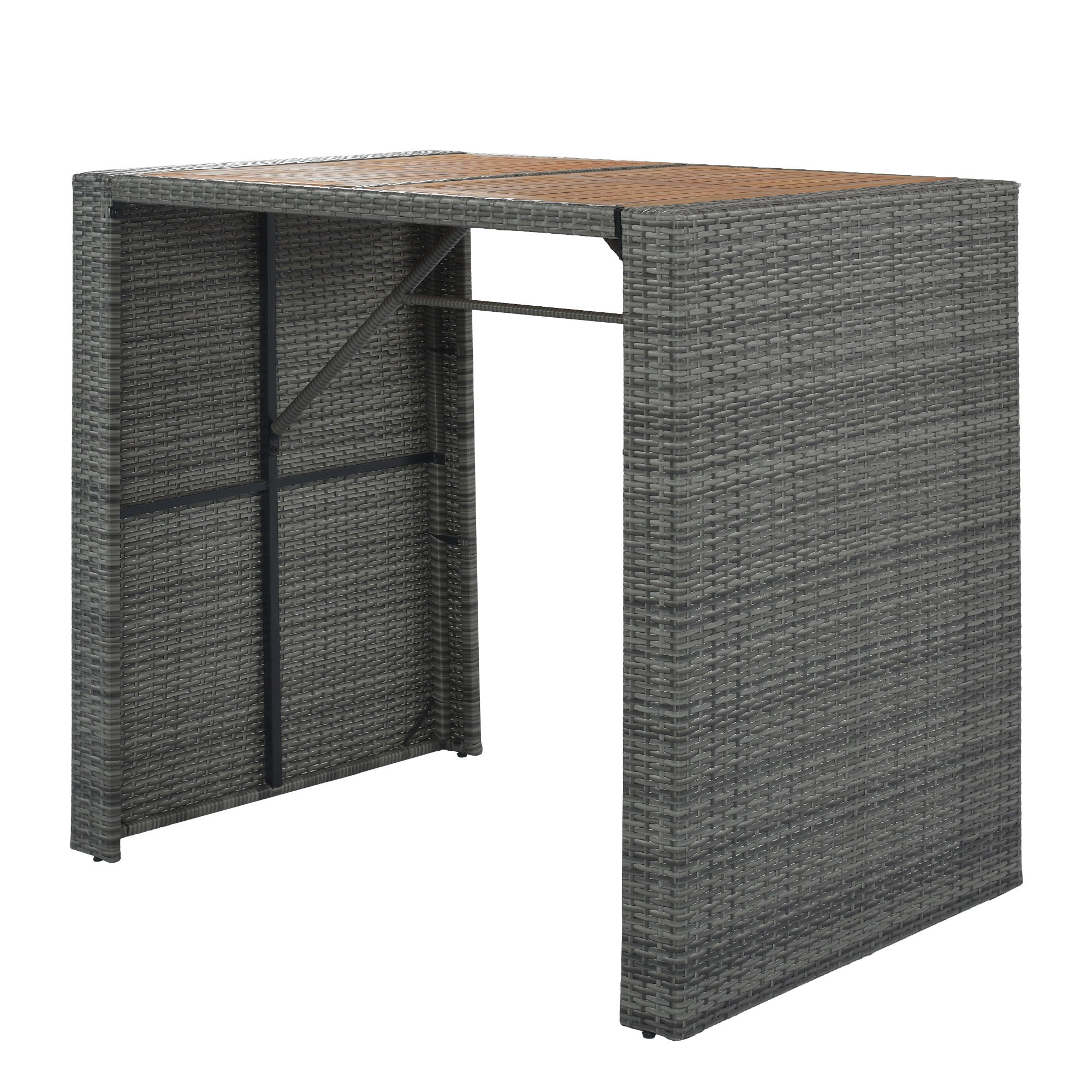 5 Pieces Outdoor Patio Wicker Bar Set, Bar Height Chairs With Non-Slip Feet And Fixed Rope, Removable Cushion, Acacia Wood Table Top - Brown / Gray
