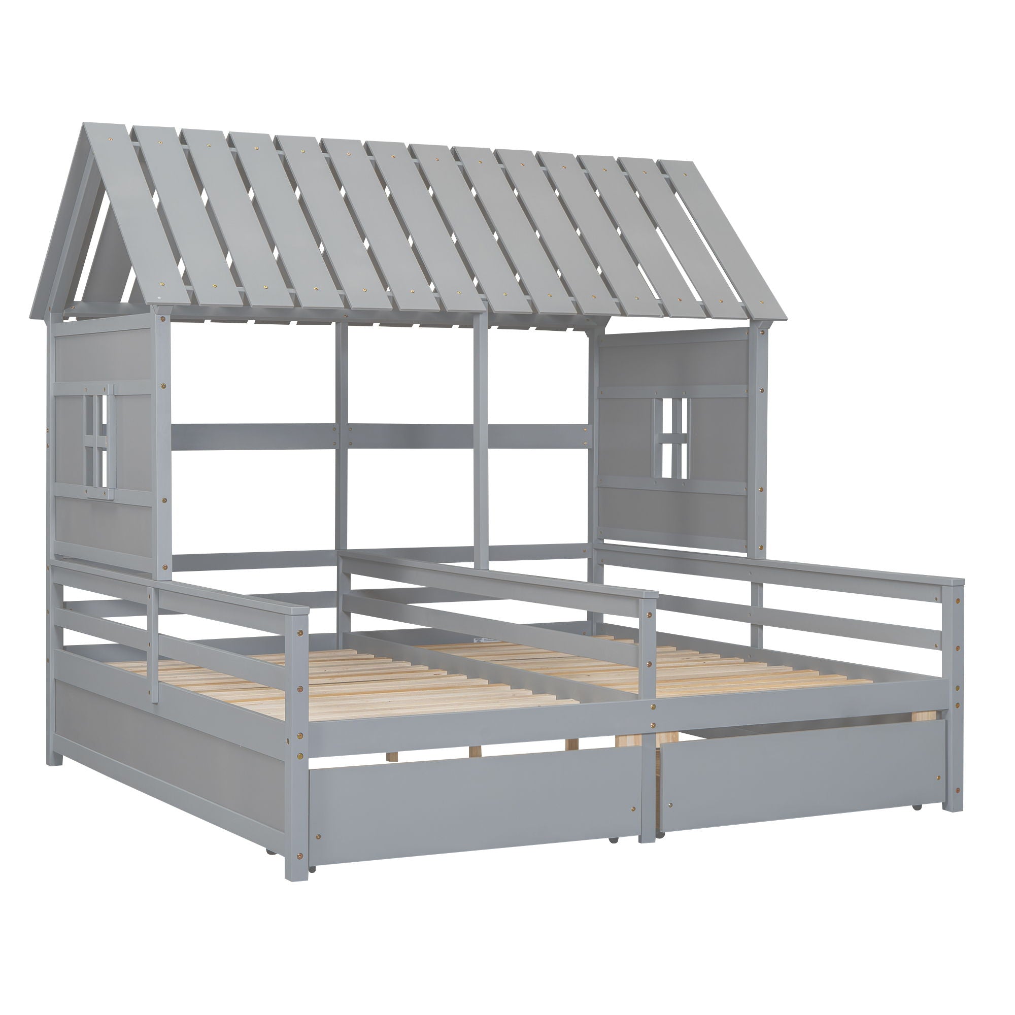 Twin Size House Platform Beds With 2 Drawers For Shared Use - Gray