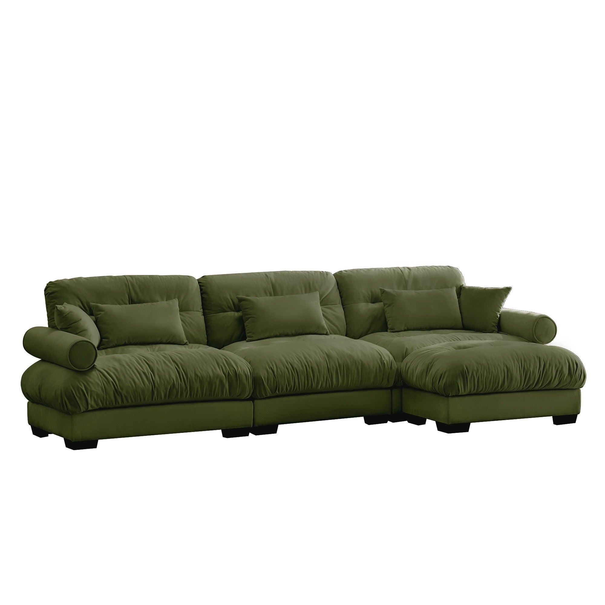 Modern Sectional Sofa With Ottoman, Round Bolster Armrests, Waist And Throw Pillows