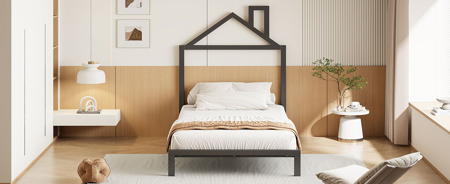 Metal Platform Bed With House-Shaped Headboard Design
