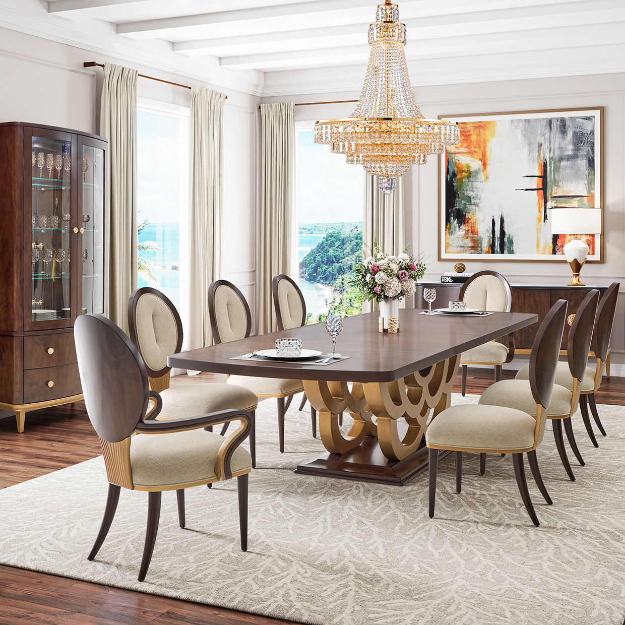 Camellia Field - Rectangular Pedestal Dining Table - Dark Brown / Gold