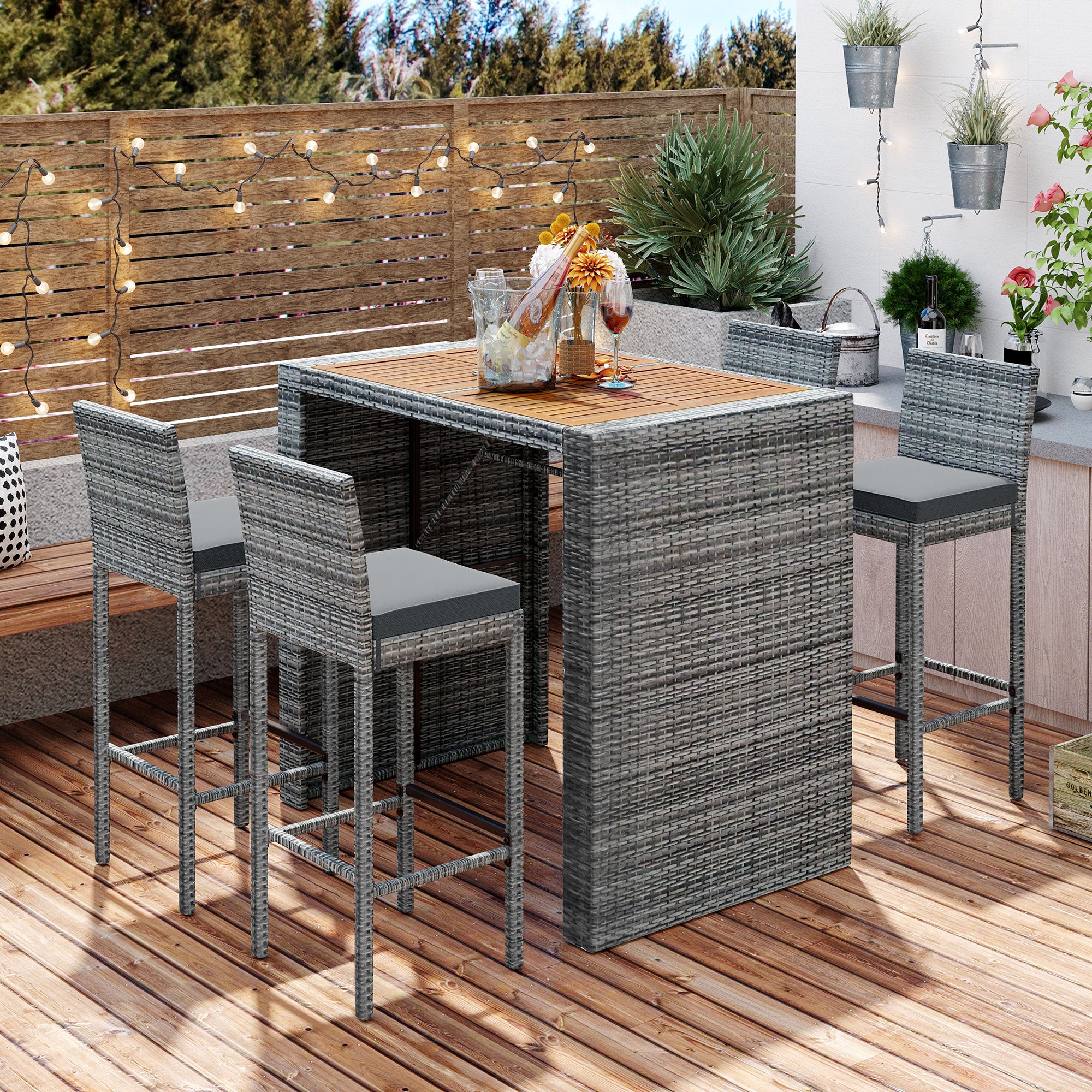5 Piece Outdoor Wicker Bar Set with Acacia Wood Table, Brown & Gray