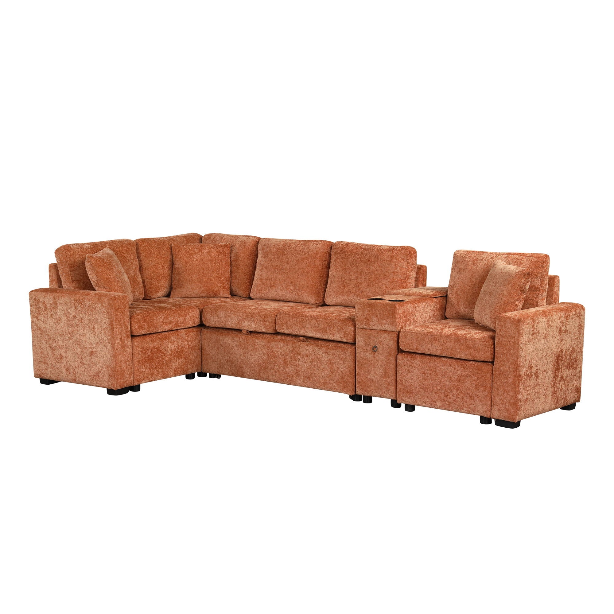 Modular L-Shaped Sectional Sofa Bed With Pull-Out Sleeper, Cup Holders, And Storage