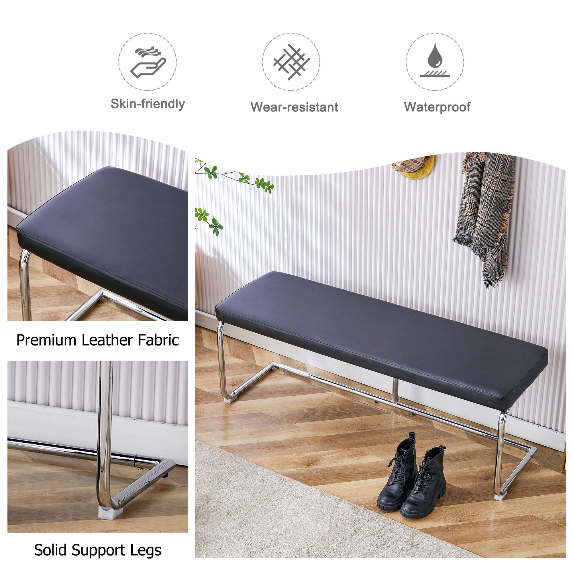 Shoe Changing Bench With Silver Metal Legs For Versatile Use - Black
