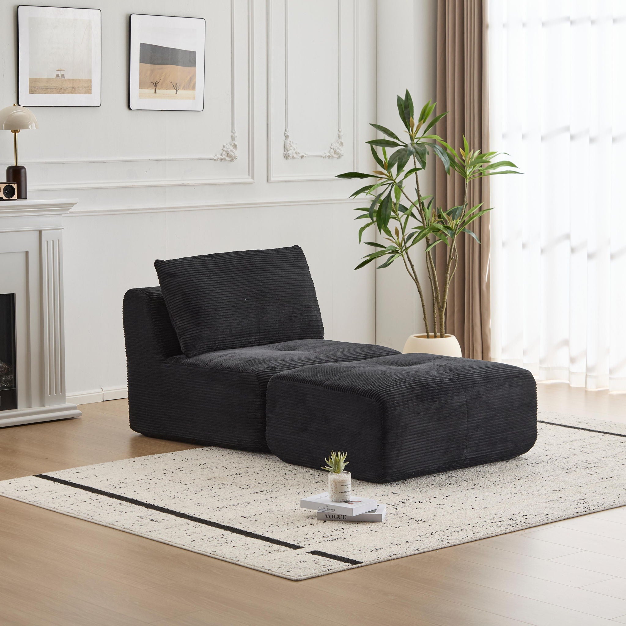 Compressed Sofa, Single Chaise Longue, Movable Ottoman For Living Room - Black