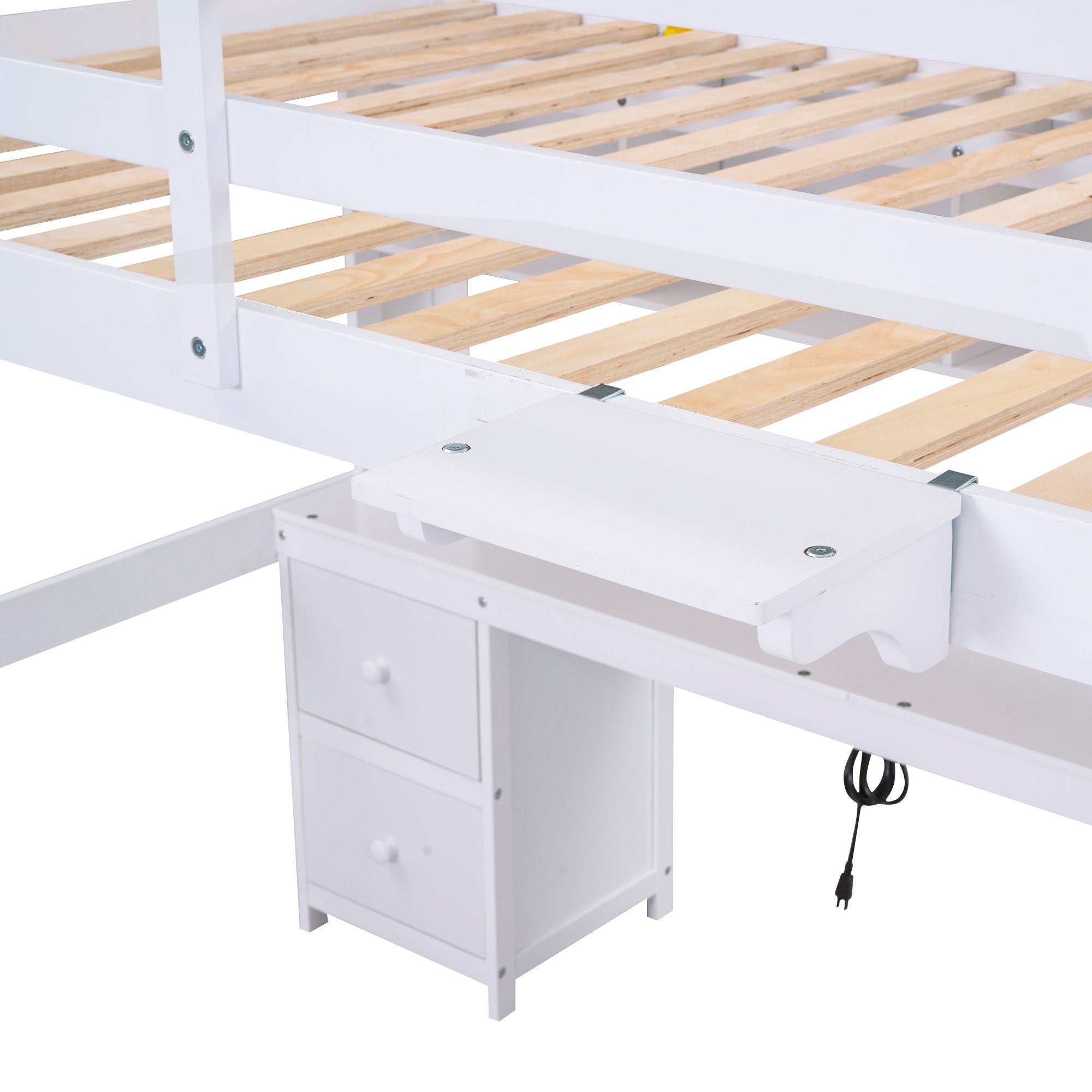 Full Size Loft Bed With Desk, Cabinets, Drawers, Charging Station And Bedside Tray, Sturdy Frame, No Box Spring Required - White