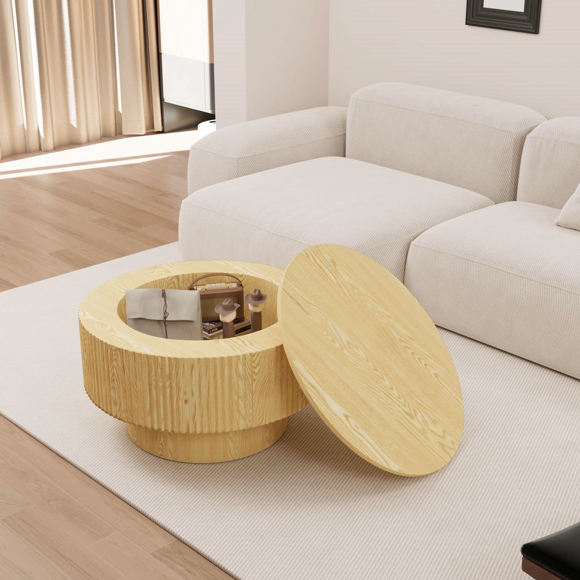 Modern Circular Coffee Table With Stripe Design And Storage Space
