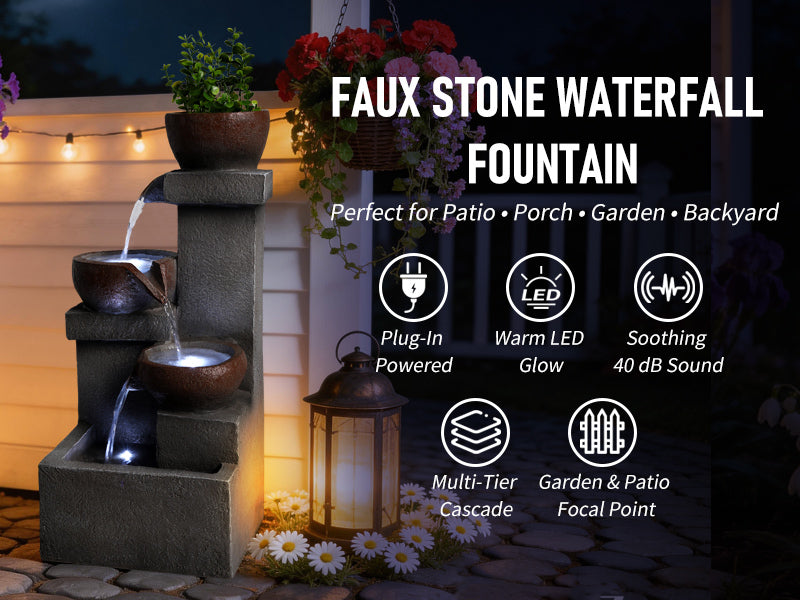 Outdoor Water Fountain Tiered Cascading Jar Waterfall Resin Garden Patio Decor with LED Lights