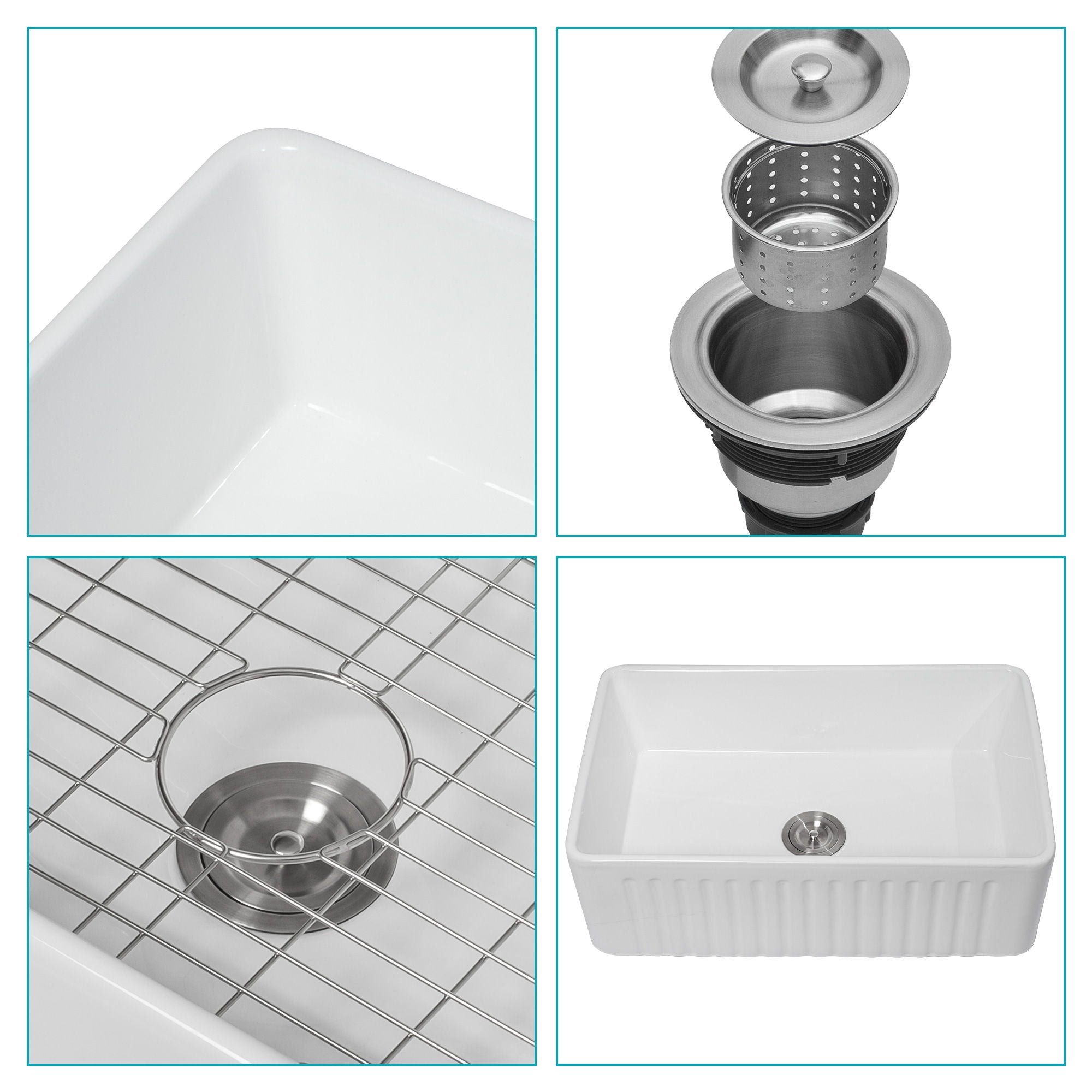 Sink 30" Apron Front Reversible Single Bowl Kitchen Sink With Grid And Strainer - White